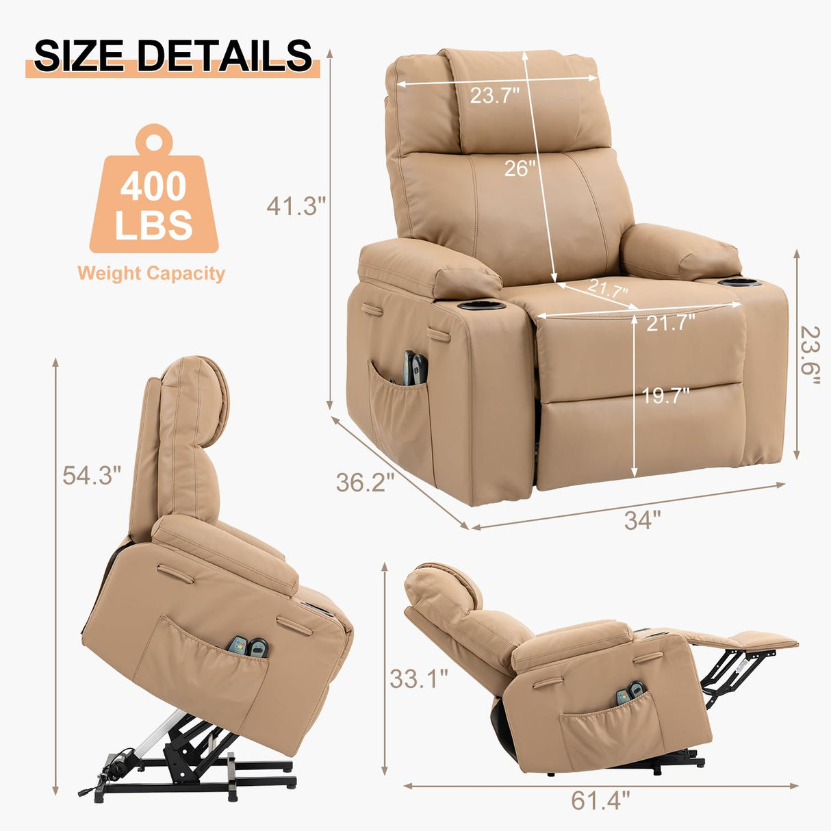 Power Lift Recliner Chair for Elderly, Electric Stand Assist Reclining Chair with Massage and Heat Function, Leather Living Room Furniture, Comfy Single Sofa with Cup Holders, Side Pockets, Brown BRTHORY