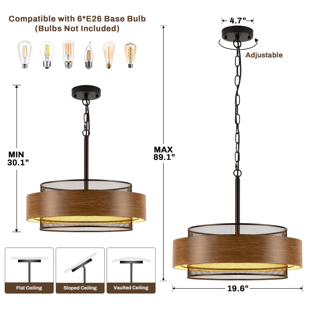 19.7 inch Farmhouse Chandeliers for Dining Room, 5-Light Rustic Large Round Black Chandelier Metal Wood Texture Interior Hanging Lighting for Entryway Kitchen Island Foyer Bedroom Living Room Corlaceling