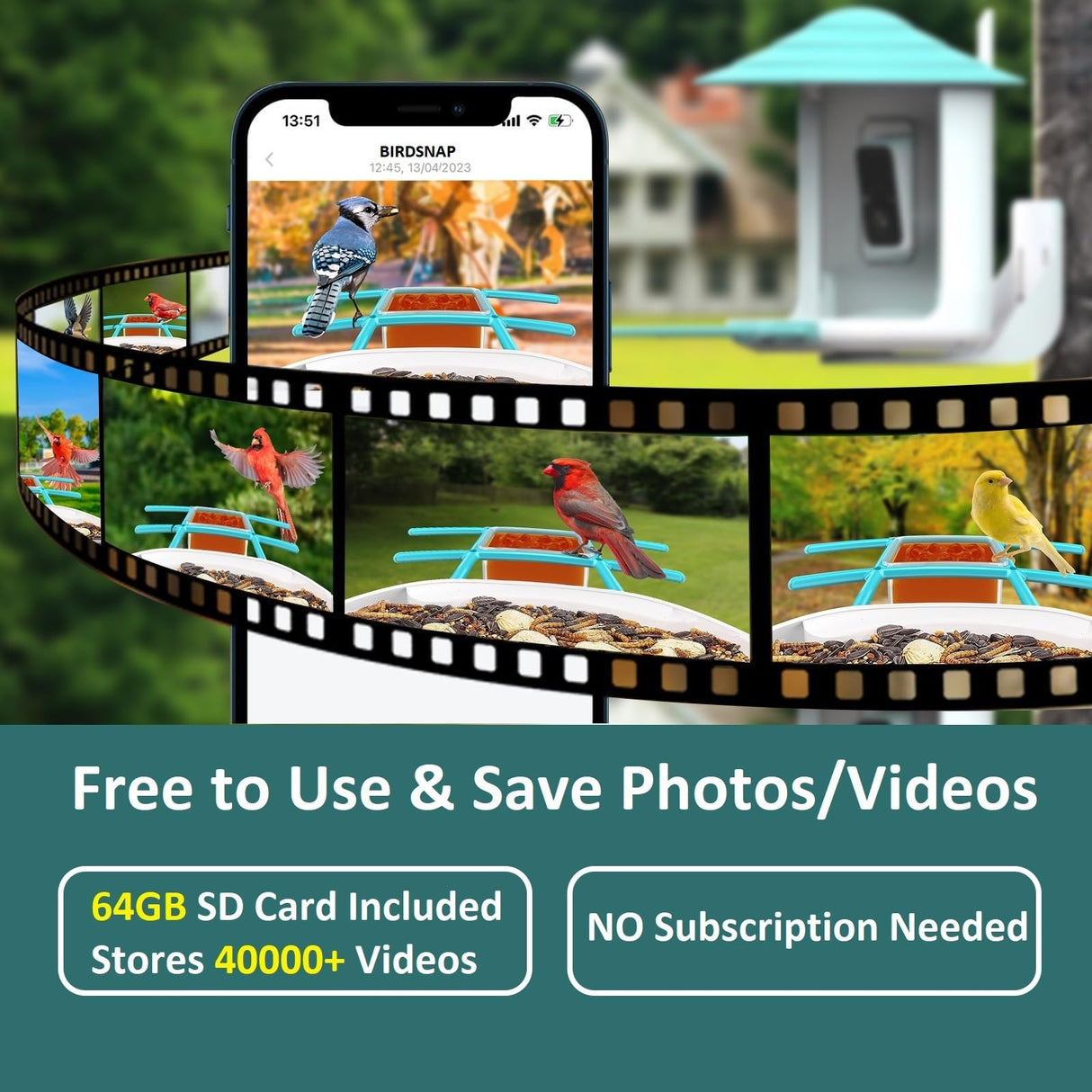 birdsnap Smart Bird Feeder with Camera+Solar Panel 64G SD Card 6-in-1 Perch, 160°View Auto Capture Bird Videos 1080P, AI Identify 10000+ Species Bird birdsnap