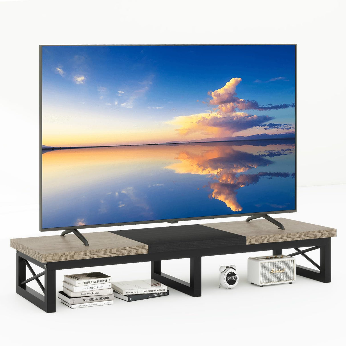 IBUYKE 45" Large TV Riser for 32-60 inch TV,Tabletop Short TV Stand with Storage and Steel Legs,Dual Screen Office Desk,Stand Riser,TV Riser Stand for Home,Bedroom,Living Room,Greige Black TVT002YB IBUYKE