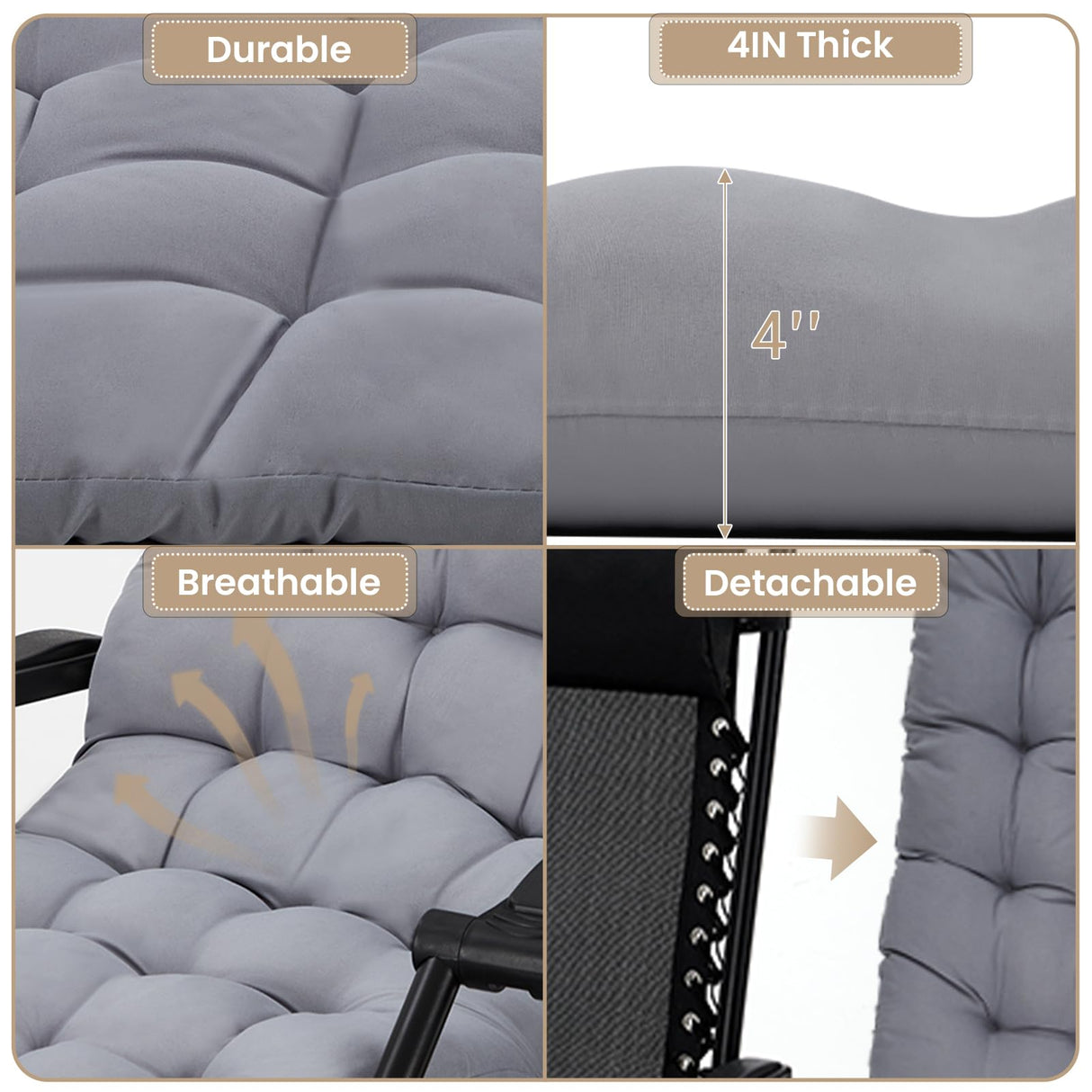 Garvee Lounge Chair Supports Indoor/Outdoor Adjustable Folding Recliner with 29 Inch Seat, Removable Cup Holder & Headrest Grey Garvee