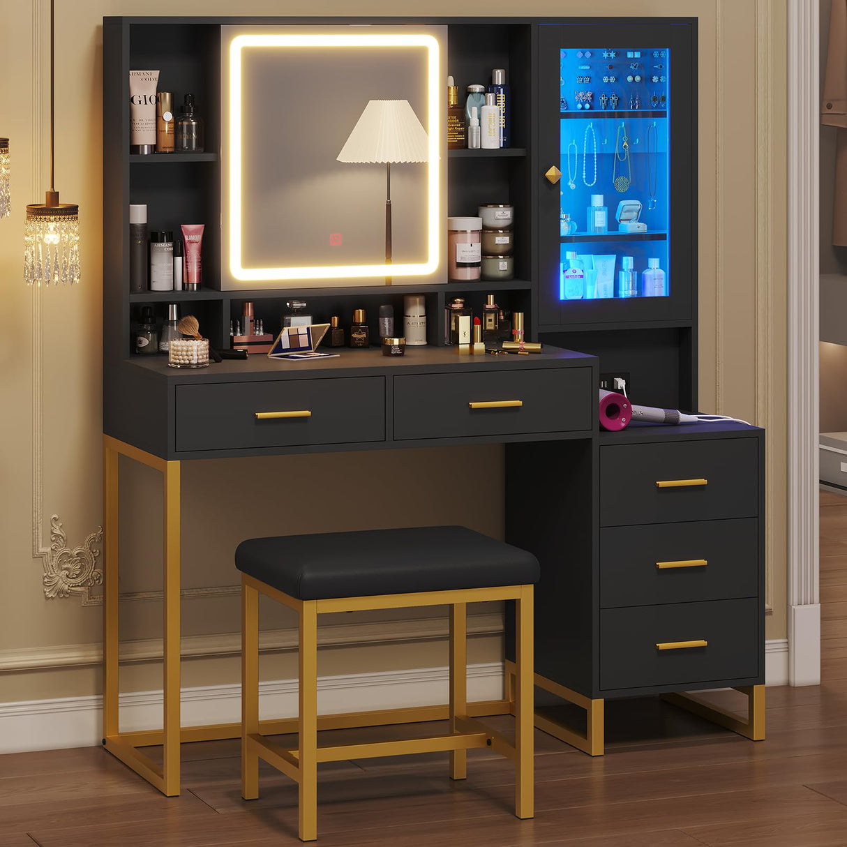 BTHFST Makeup Vanity with Upholstered Stool & Charging Station, Vanity Desk with Mirror and Lights & Jewelry Storage, Vanity Table Set with RGB Lights & 5 Drawers & Shelves, Black & Gold BTHFST