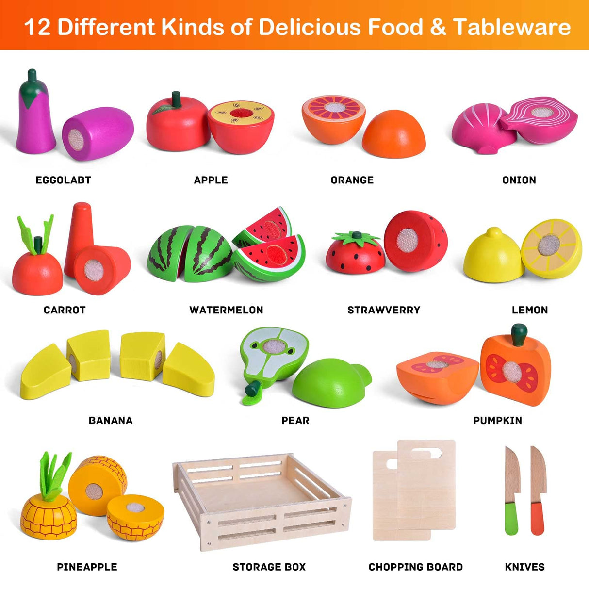 FUN LITTLE TOYS 35PCS Wooden Play Food for Kids Kitchen, Pretend Cutting Food Toys with Wooden Tray, Dishes and Knife for Kids, Pretend Play Food FUN LITTLE TOYS