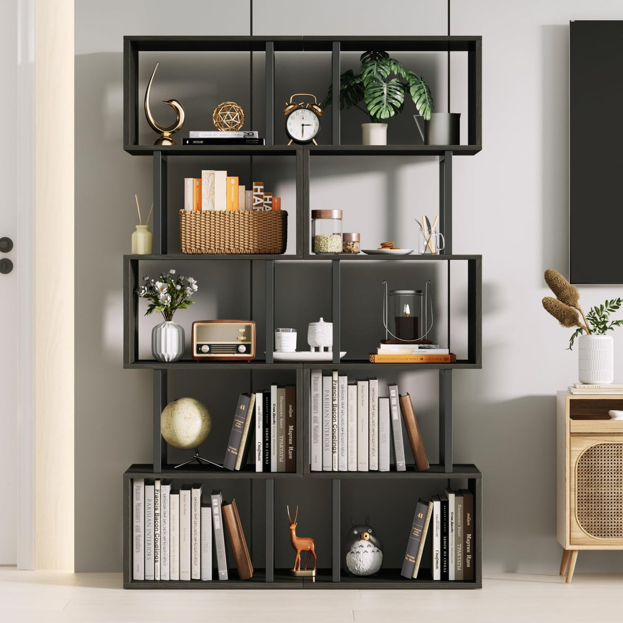 Furologee 6-Tier S-Shaped Geometric Bookshelf in Light Black Oak - Tall Industrial Display and Storage Shelf Furologee