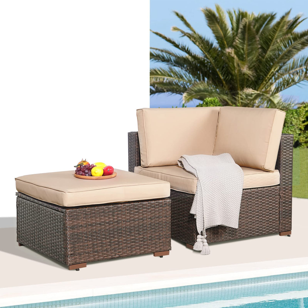 Patiorama 2-Piece Patio Furniture Sofa Set, Outdoor Sectional Sofa, All-Weather Brown PE Wicker Rattan Conversation Set, Outdoor Loveseat, Patio Seating for Balcony Garden Pool (Beige Cushion) Patiorama