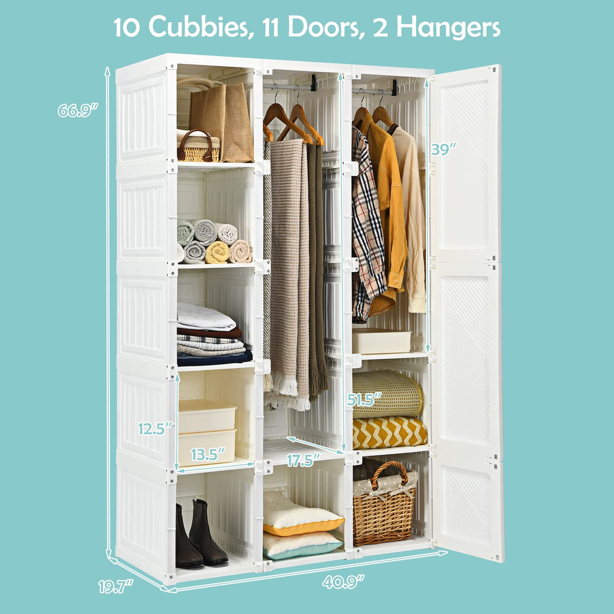 Tangkula Portable Closet Wardrobe, Foldable Clothes Organizer with Cubby Storage, Hanging Rods, Easy Assemble Clothing Storage with Magnet Doors, Folding Bedroom Armoire (10 Cubbies & 2 Rods) Tangkula