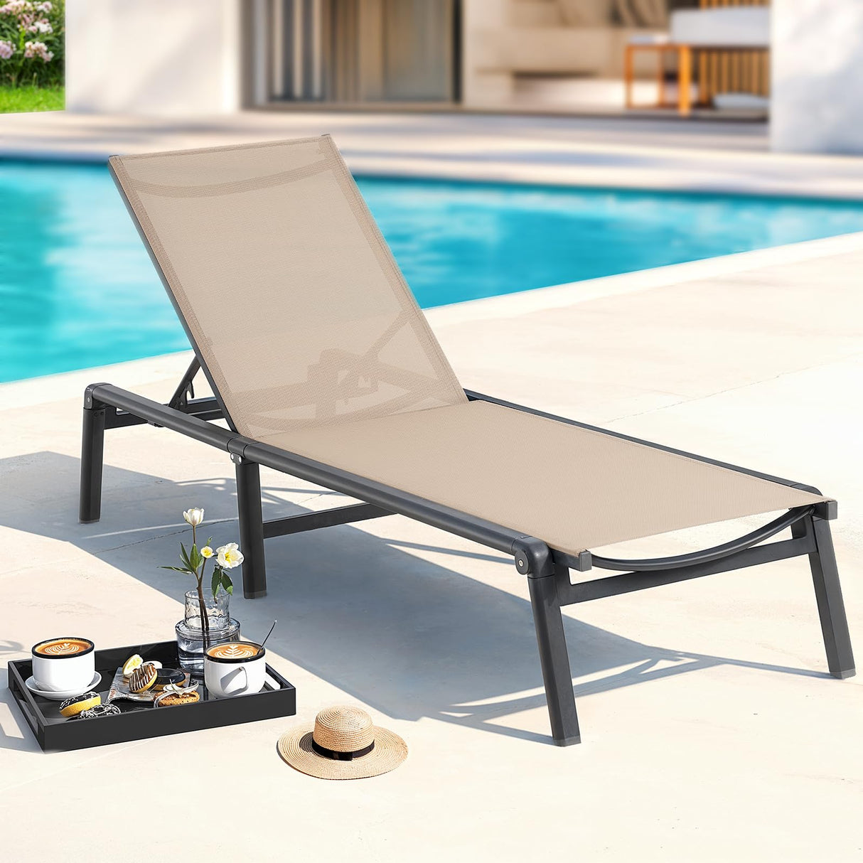 ONBRILL Aluminum Chaise Lounge Chair Outdoor, Foldable & Assembly Free Outdoor Lounge Chair with 5 Position Adjustable Backrest, Patio Pool Lounge Chairs for Outside Poolside Beach Lawn, 1PC, Khaki ONBRILL