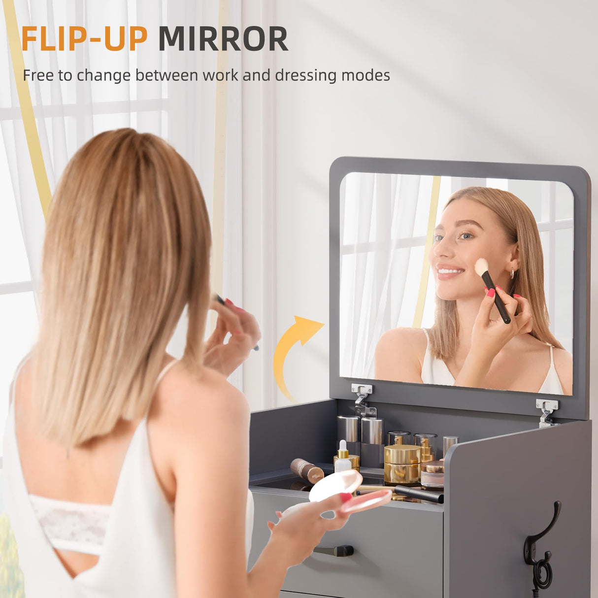 Gurexl 3 in 1 Vanity Desk with Flip Top Mirror,Small Make Up Vanity Set with Visible Glass Desktop,Cushioned Tool,Dressing Table for Bedroom,Compact Makeup Vanity with 3 Drawers,Grey Gurexl