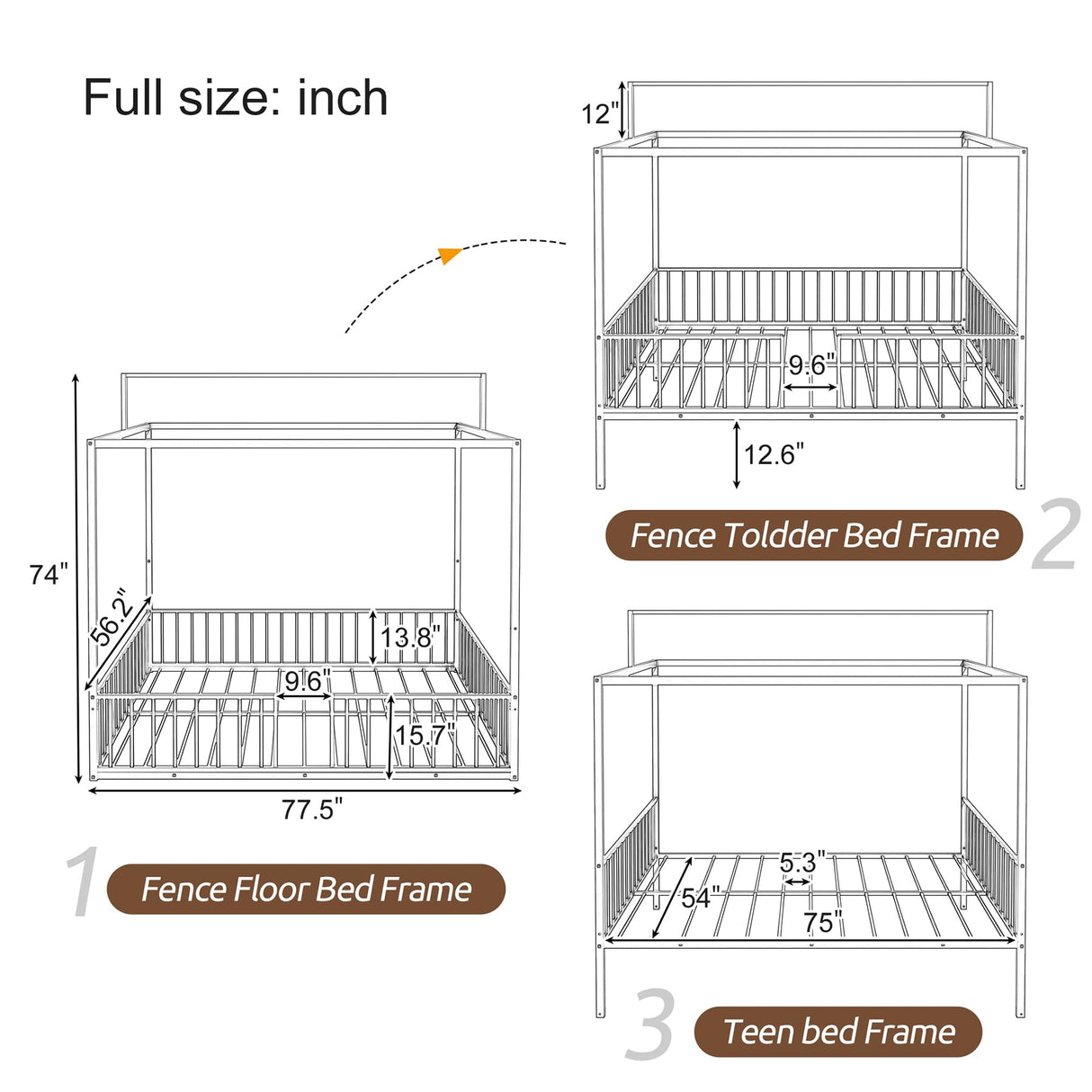 Klwenas Maec White Montessori Floor Bed Frame Full Size, 3-in-1 Convertible Metal Canopy Bed Frame with Fence & Sturdy Metal Slats Support for Boys Girls Bedroom,Easy Assembly (White, Full) Klwenas Maec
