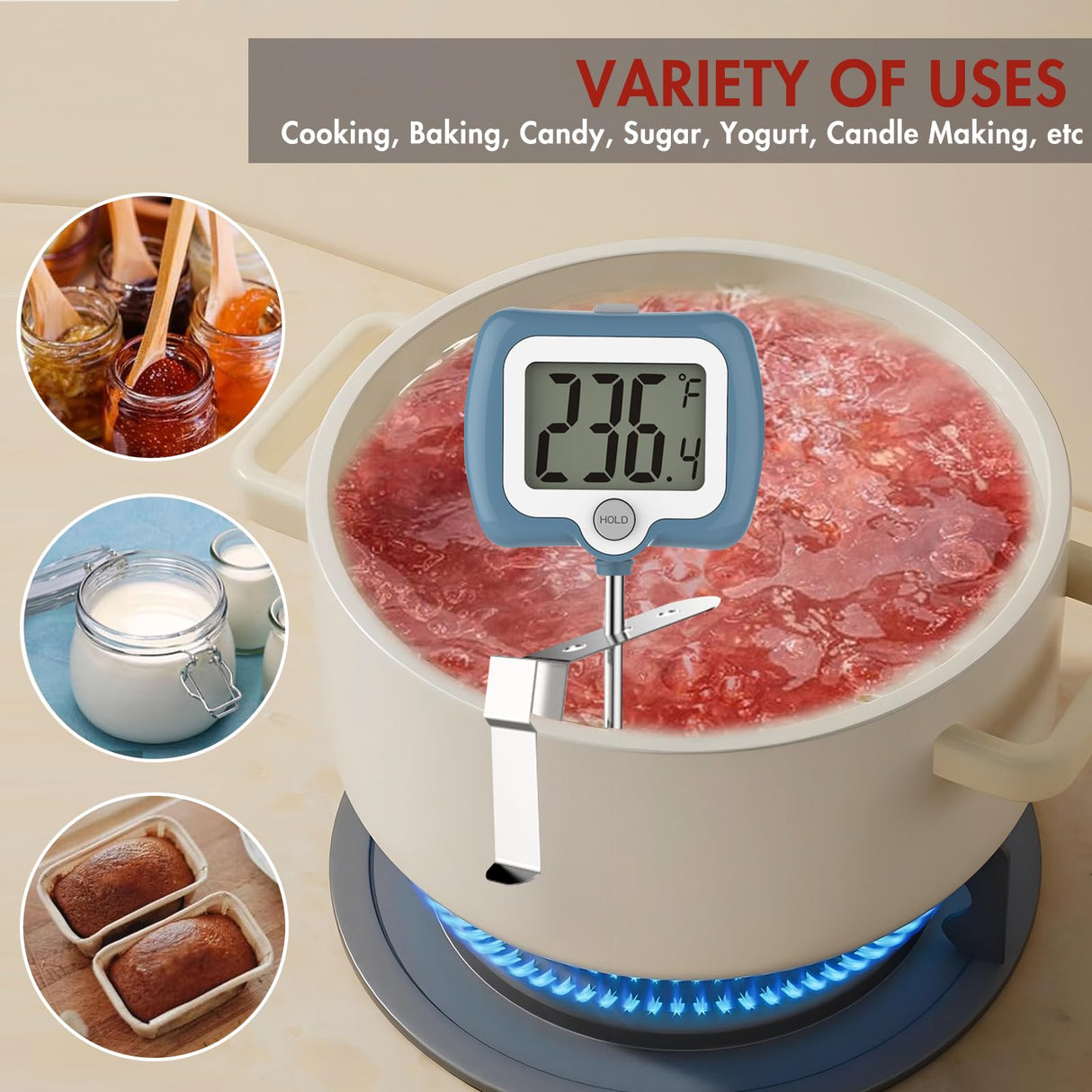 KT THERMO Digital Candy Thermometer, LCD Instant Read Food Meat Thermometer with 10" Probe and Pot Clip for Candy Making, Kitchen Accessories, Baking Tools(Blue) KT THERMO