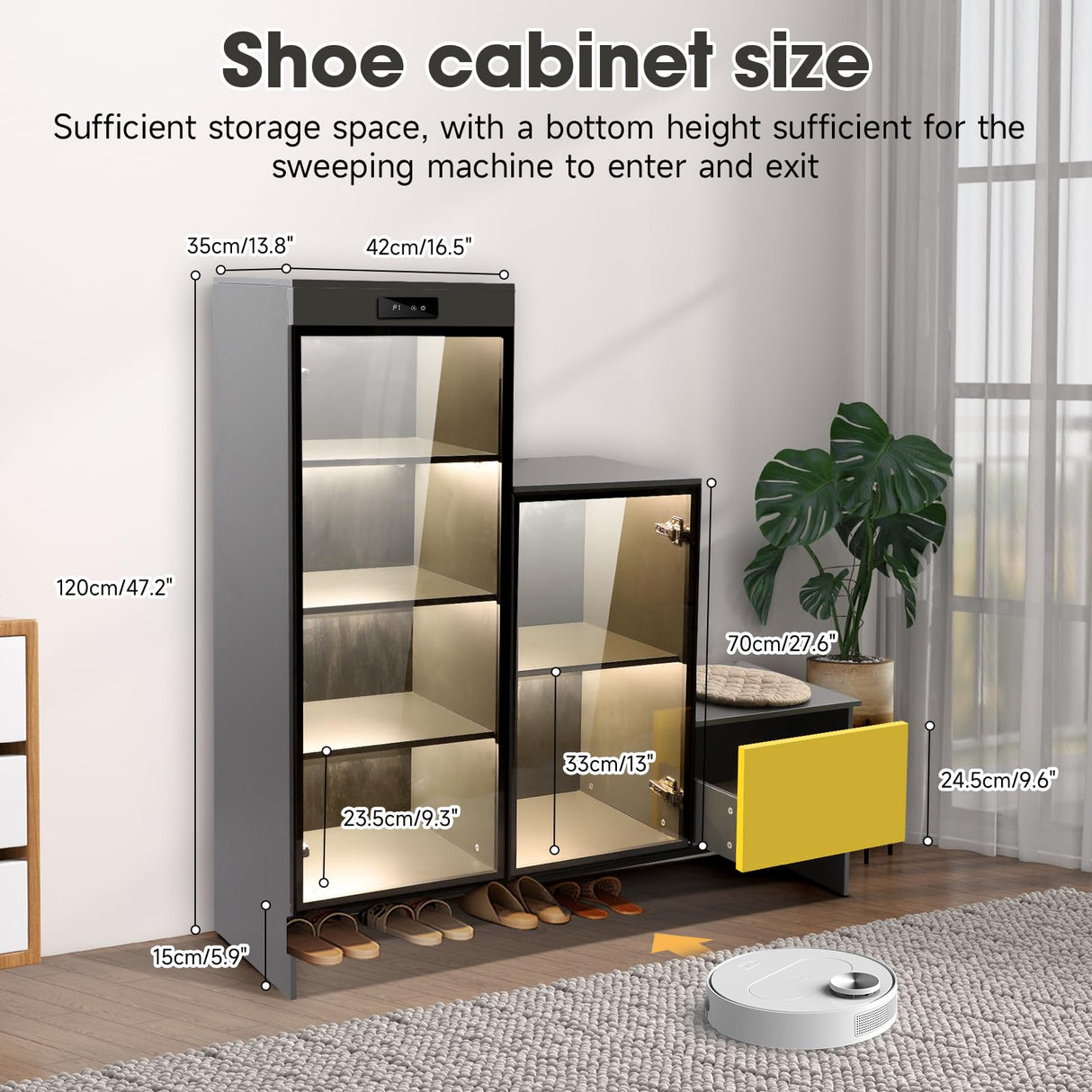ylizeyu Shoe Rack with LED Air Purifier, Intelligent Closet with 6 Spaces, Glass Door with Reinforced Hinges, Grey ylizeyu