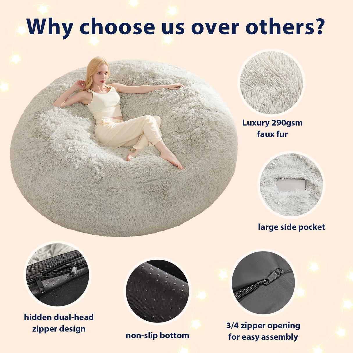 Bean Bag Chair Cover, Waterproof Faux Fur Bean Bag Cover Only(No Filler), 5FT Round Beanbag Chair with Pocket, Big Giant Bean Bags Chairs for Adults Kids Teens, Stuffed Animal Storage ODreamyDogs