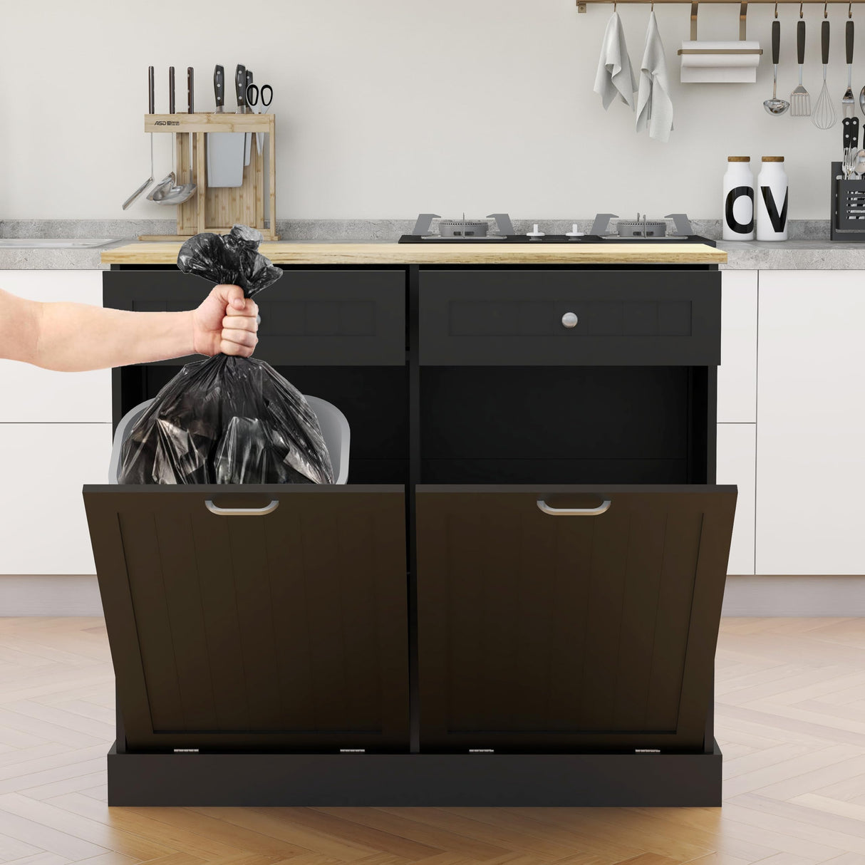 RASOO Double Tilt Out Trash Can Cabinet Freestanding Laundry Hamper Wooden Tabletop with 2 Drawers Kitchen Garbage Can for 10 Gallon, Black RASOO