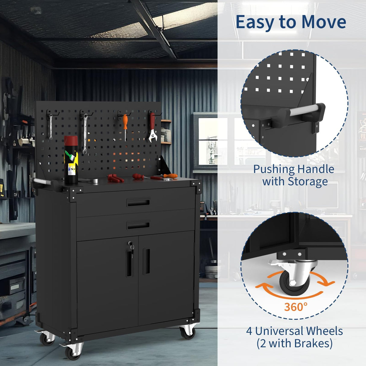 35.4" Tall Heavy-Duty Steel Rolling Tool Cabinet, Mobile Workbench with 2 Deep Drawers, Pegboard, Adjustable Shelves & Locking Casters, Garage Workshop Warehouse Storage Organizer Tioutbot