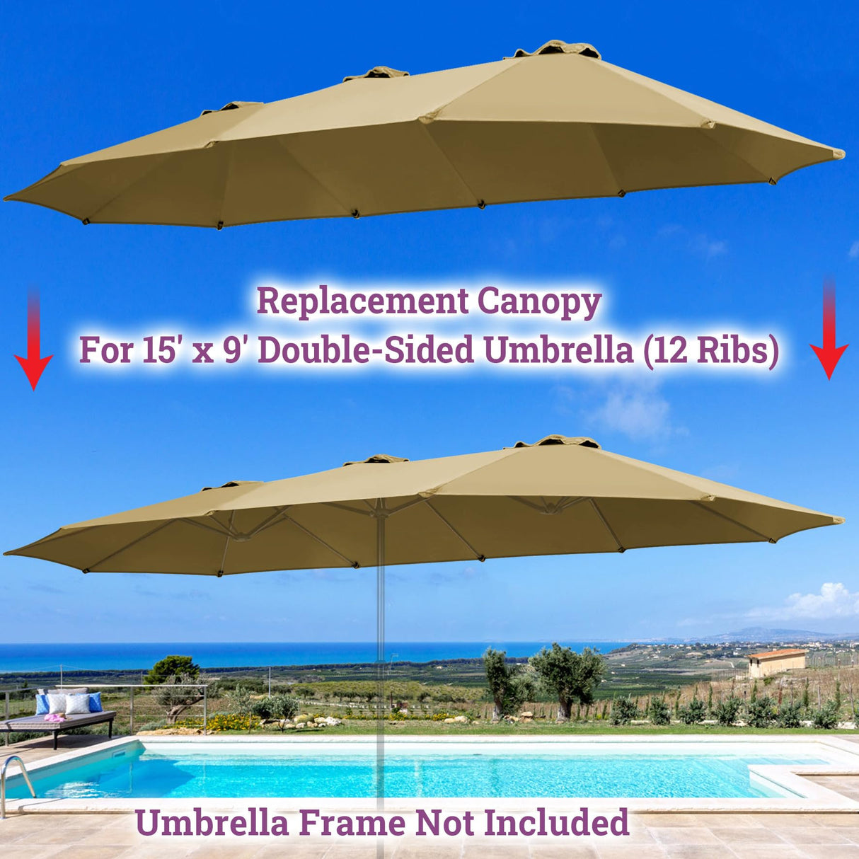 BenefitUSA 12 Ribs Umbrella Cover Canopy Replacement for 15' Double-Sided Patio Umbrella, Frame NOT Included(Taupe) BenefitUSA