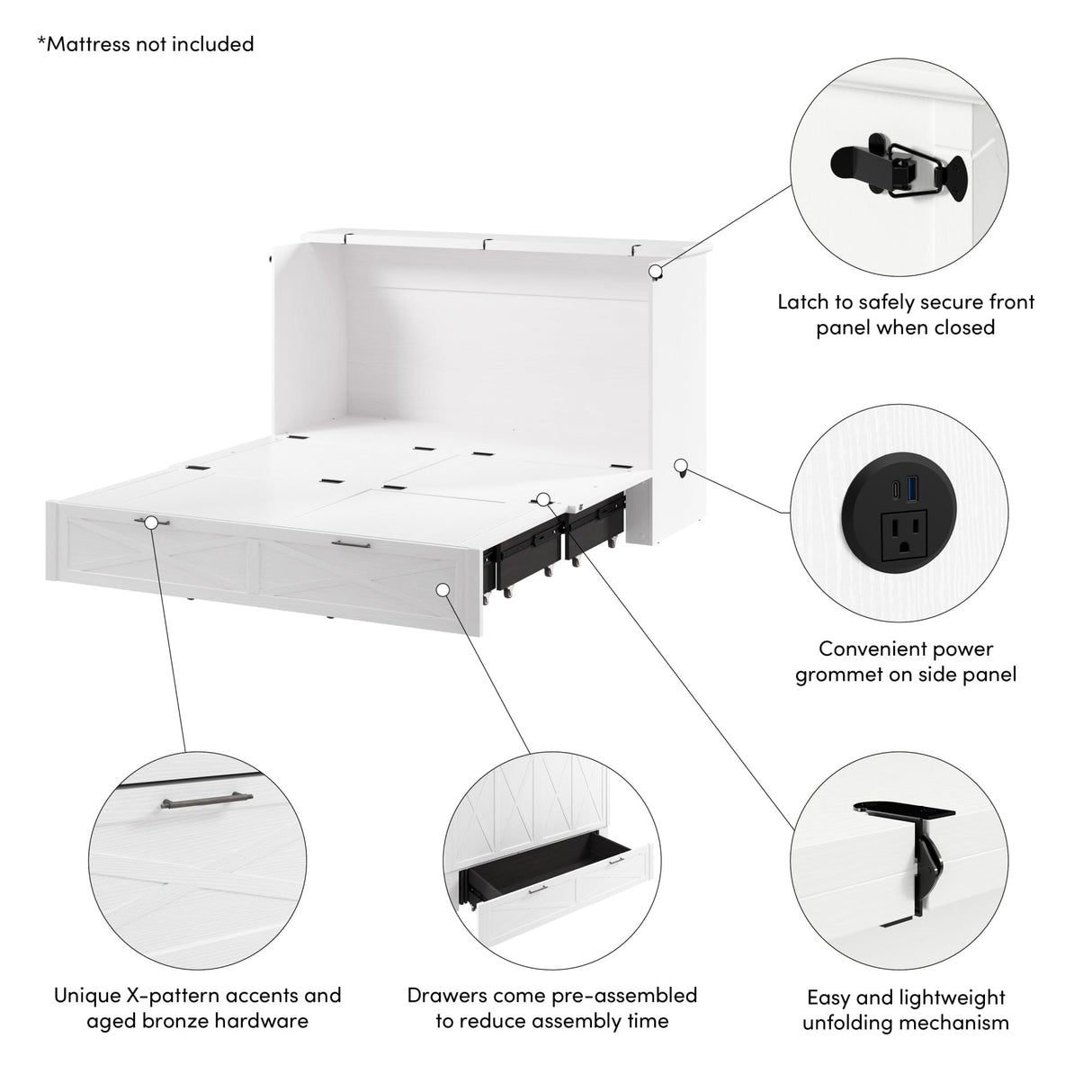 Bestar Murphy Cabinet Bed 65-inch Queen with Pullout Drawer for Bedroom, Guestroom, Key West Collection, Modern, White Bestar
