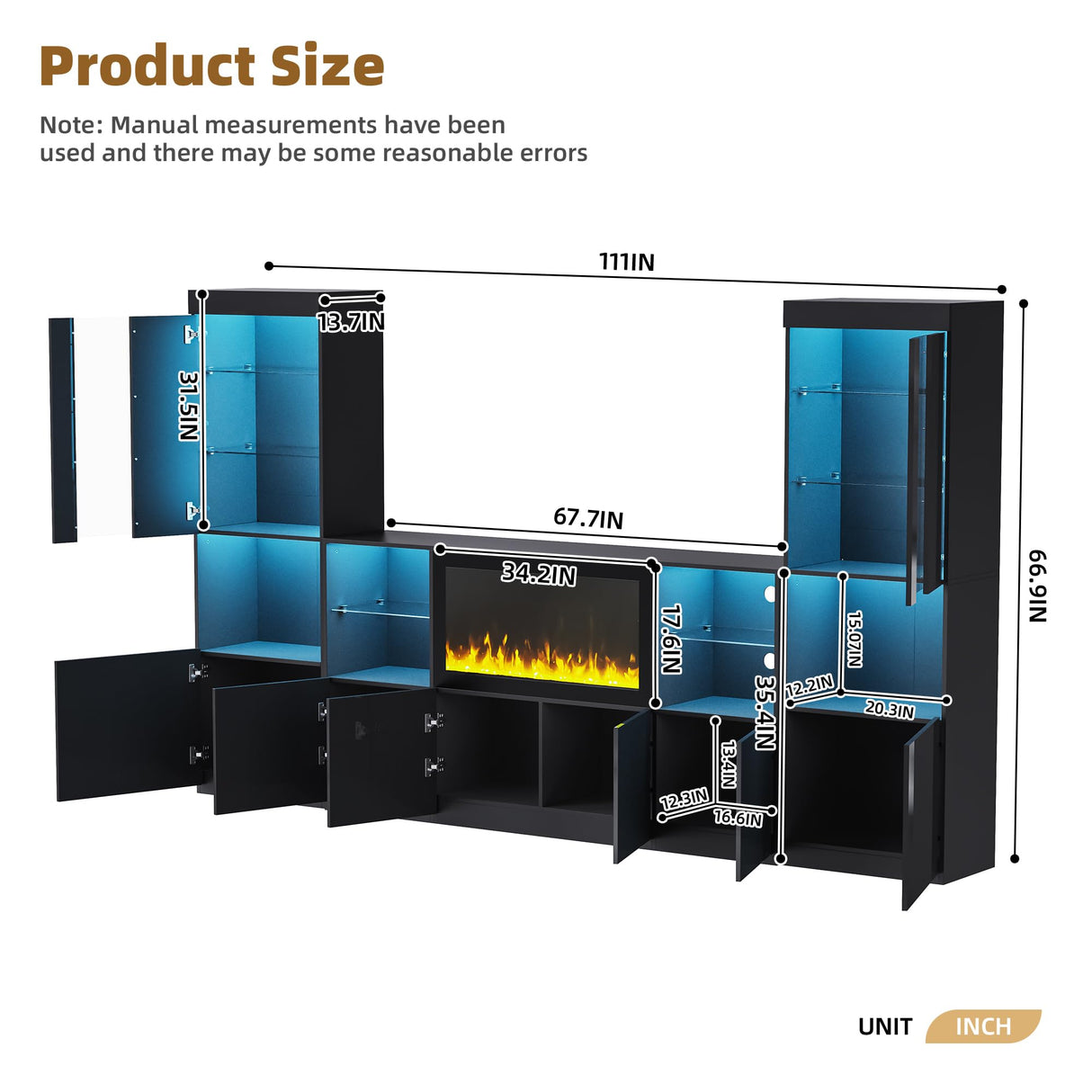 Merax High Gloss TV Stand with 34.2" Non-Heating Electric Fireplace, Modern LED Entertainment Center & Two Tall Pantry Cabinets and Tempered Glass Shelves, Media Console Set for TVs up to 75", Black Merax