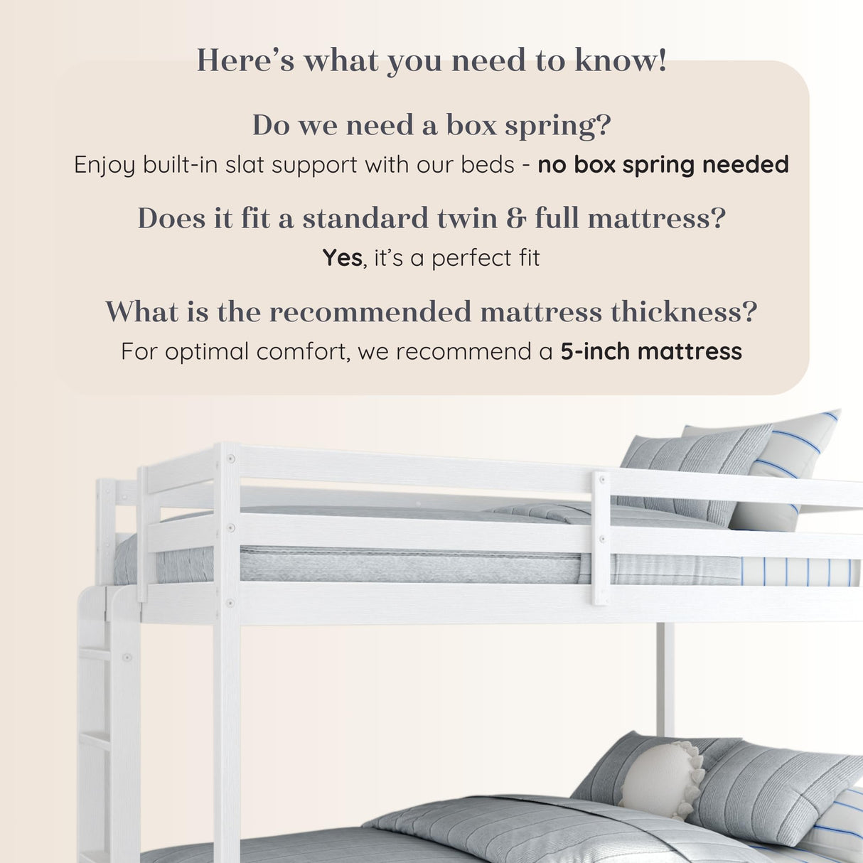 Grain & Grove Bear Twin Over Full Bunk Bed, Sturdy Bunk Bed Frame for Kids, Plywood Bunk with Ladder, Guardrail, and Slats, No Box Spring Required, Brushed White Grain & Grove