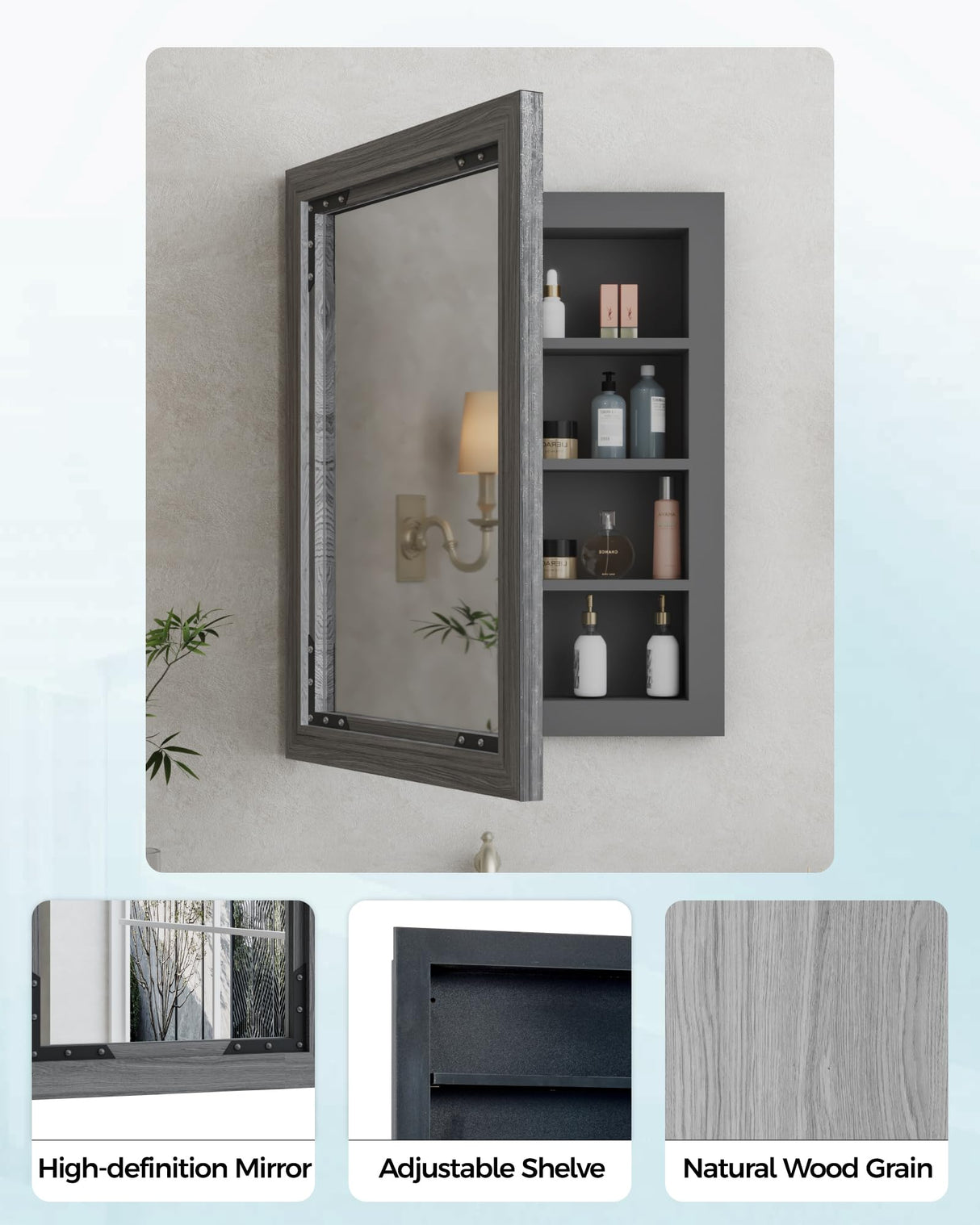 FLYJOE Medicine Cabinet Mirror 20 x 26 Inch Farmhouse Bathroom Mirror Door Solid Wood Storage Cabinet with Adjustable Shelves, Wall Mounted for Bathroom Living Room, Grey FLYJOE