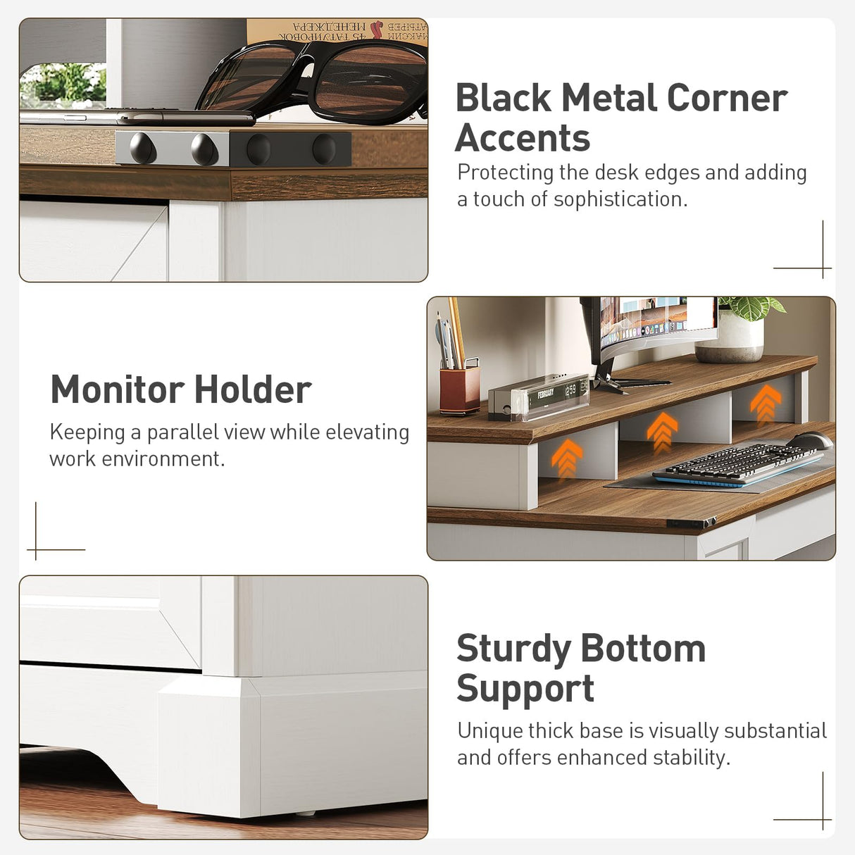 RALGEND 55'' Farmhouse Executive Desk with Drawers, Computer Desk with File Cabinet and Side Bookshelf, Writing Gaming Desk with Monitor Stand & Charging Station, White and Walnut RALGEND