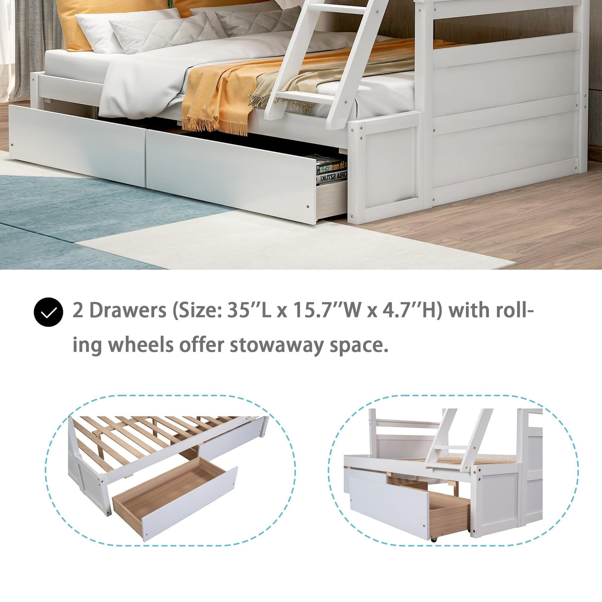 Merax Twin Over Full Bunk Bed, Wood Bunk Bed with Removable Ladders and Two Storage Drawers, Convertible into Two Individual Beds (White) Merax