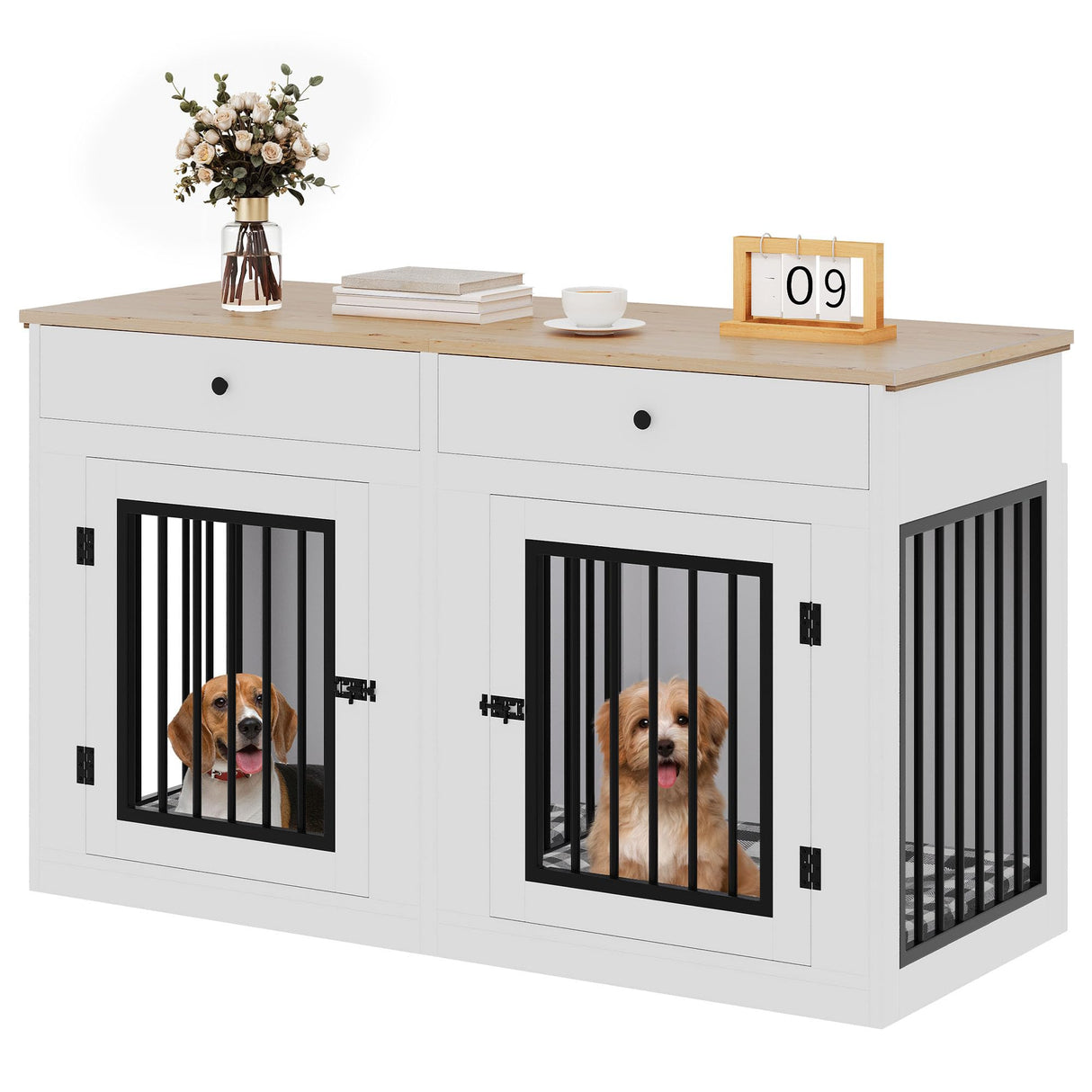 YITAHOME 60" Wooden Dog Crate Furniture with Removable Divider & Storage Drawers, Double Door Kennel with Locks for Medium and Large Dogs, Multi-Functional Dog Crate End Table for Indoor use, White YITAHOME