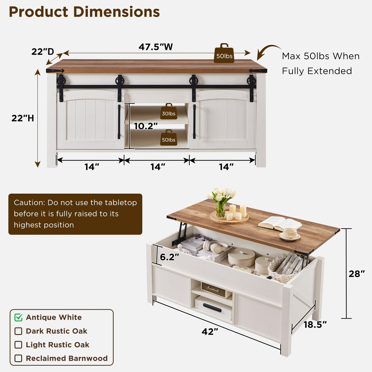 OKD Farmhouse Lift Top Coffee Table with Sliding Door, 48" Large Rustic Center Table with Hidden Storage Compartment, Lifting Tabletop, Adjustable Shelf for Living Room, Office,Antique White OKD
