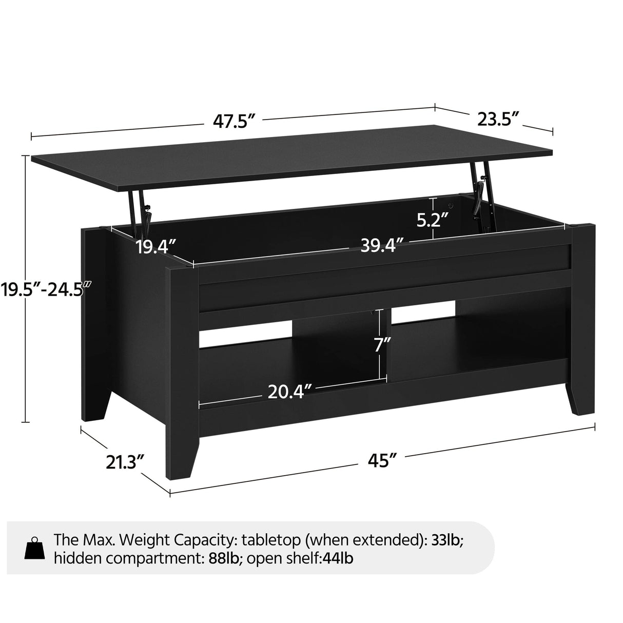 Yaheetech Black Coffee Table, Lift Top Coffee Table with Hidden Storage Compartment & Open Shelf, Lift Tabletop Pop-Up Coffee Table for Living Room Reception, 47.5inch L Yaheetech