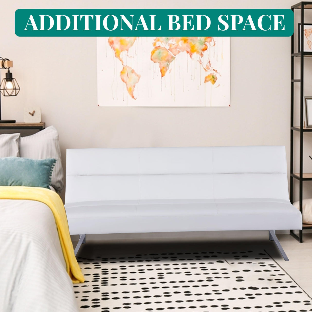 Naomi Home Faux Leather Futon Couch, Modern Convertible Folding Sofa Bed Couch Futon Sofa Bed with Chrome Legs, Reclining Mini Couch, Leather Futon Small Couch for Bedroom Living Room White Naomi Home