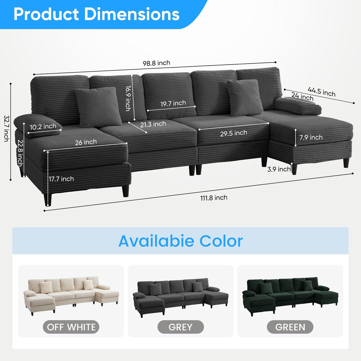 Mjkone 112" Width 4 Seater Sectional Sofa Couches for Living Room, U Shaped Sofa Couch with Double Chaises, Corduroy Living Room Sets Furniture with 2 Extra Pillows for Home Office, Dark Grey Mjkone