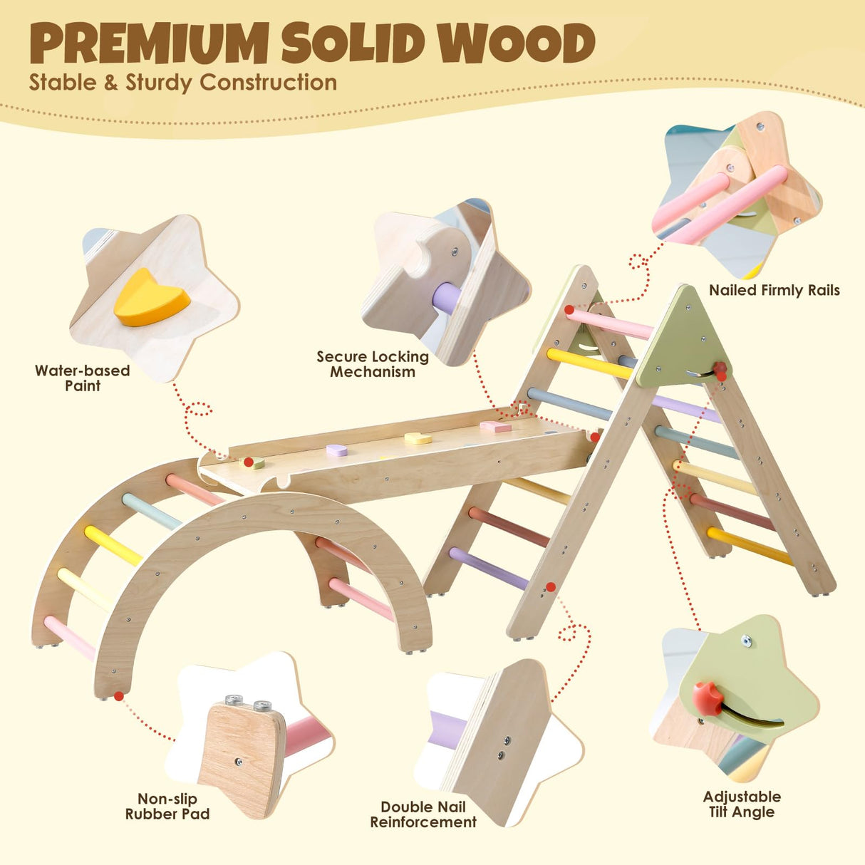 Pikler Triangle Set 7in1 Montessori Climbing Set, Foldable Climbing Toys for Toddlers 1-3 Inside, Wooden Pikler Triangle Climbing Set with Arch&Ramp&Ladder, Pickler-3 Piece Baby Climbing Gym Indoor Takeeyce