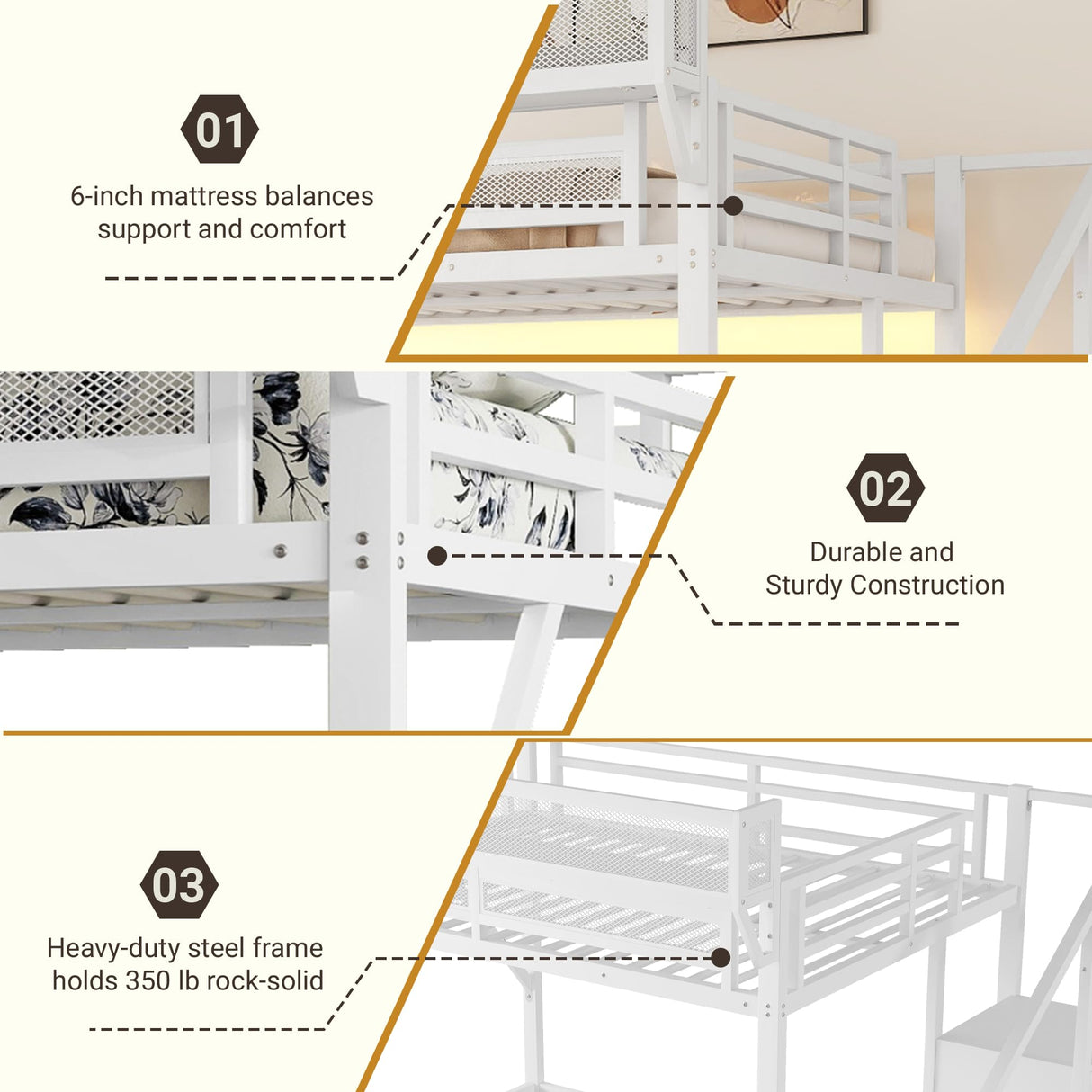 Full Loft Bed with Desk and RGB Light, Metal Loft Bed Frame with Stairs and Bedside Shelf, Heavy-Duty Lofts Beds with Storage Shelves and Wardrobe for Kids Teens, White Mirightone