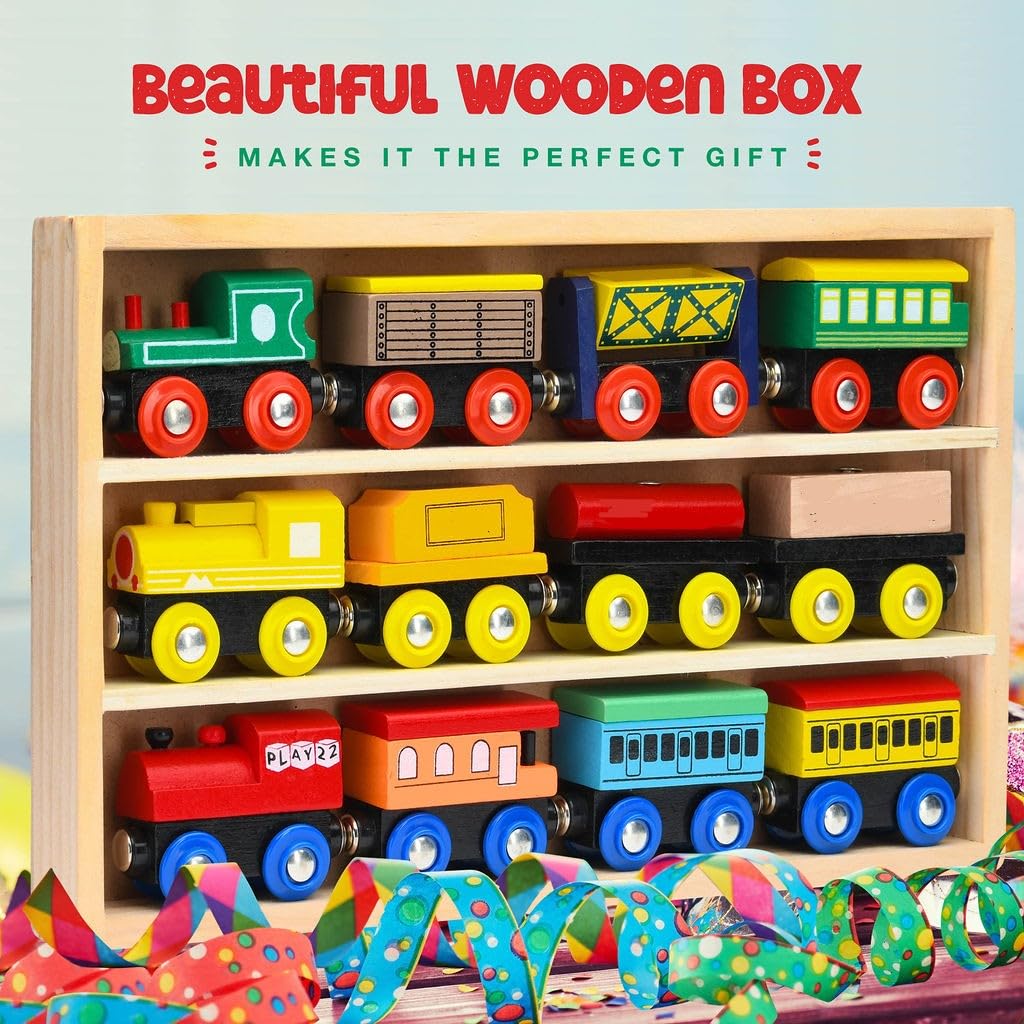 Wooden Train Set 12 PCS - Train Toys Magnetic Set Includes 3 Engines - Toy Train Sets For Kids Toddler Boys And Girls - Compatible With All Major Play22