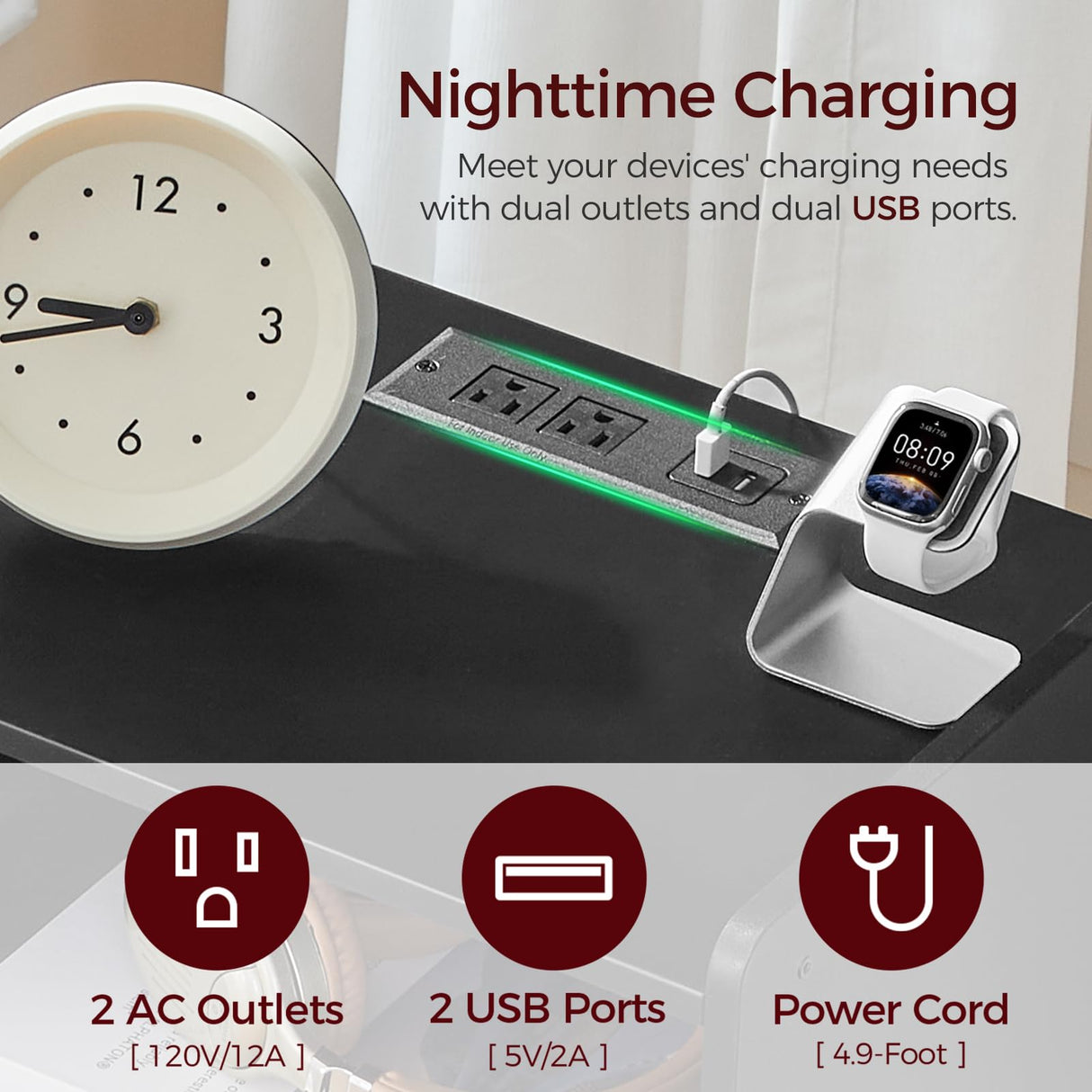 MAHANCRIS End Table Living Room Fluted Night Stand, 15.9" Modern Side Table with Charging Station,Bedside Table with Drawer for Small Spaces, Bedroom, Black ETBK61E01 MAHANCRIS