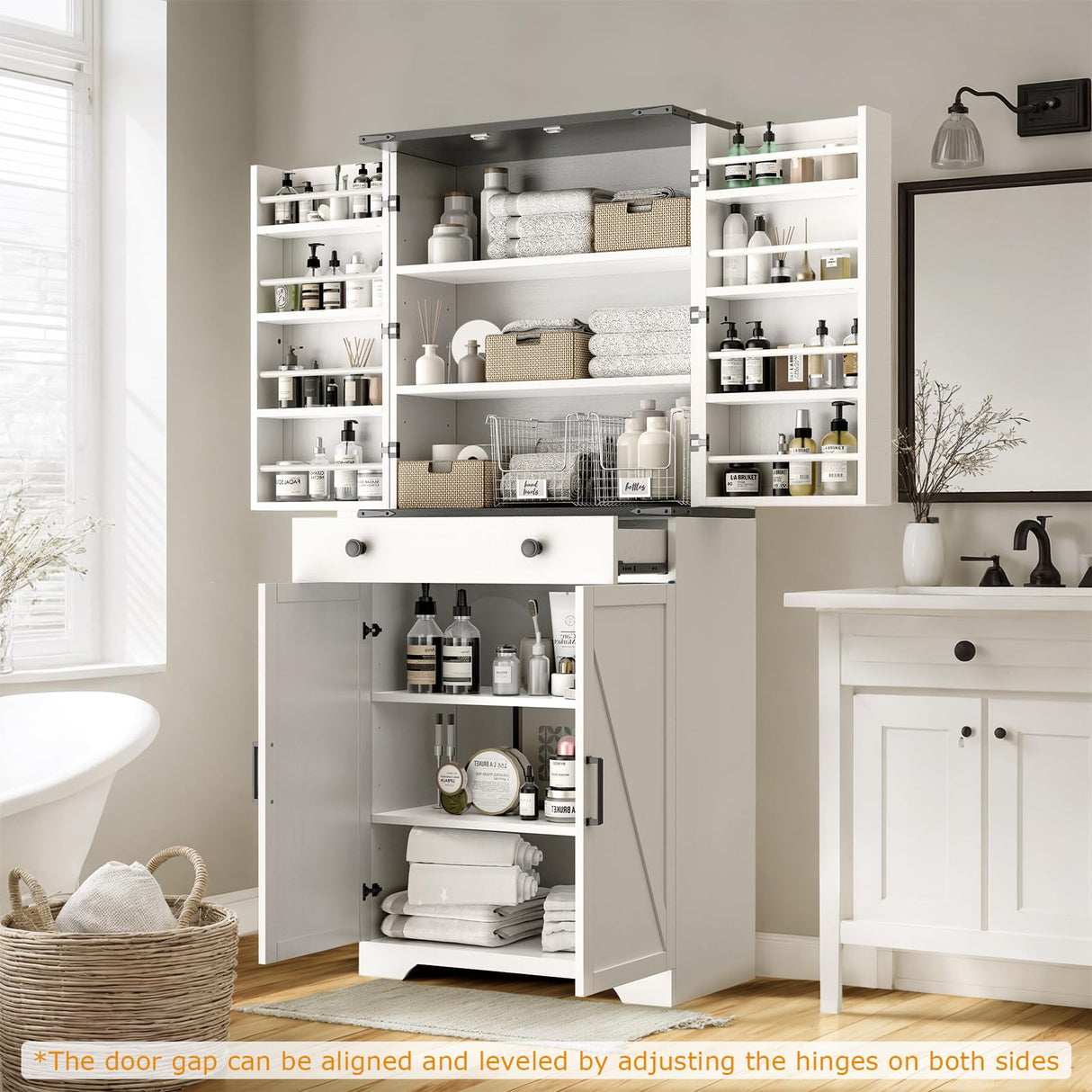 Teekyooly 72" Tall Farmhouse Kitchen Pantry Cabinet, Large Storage Cabinet with 6 Adjustable Shelves, 4 Barn Doors & Drawer for Bathroom, Dining Room, Off White Teekyooly