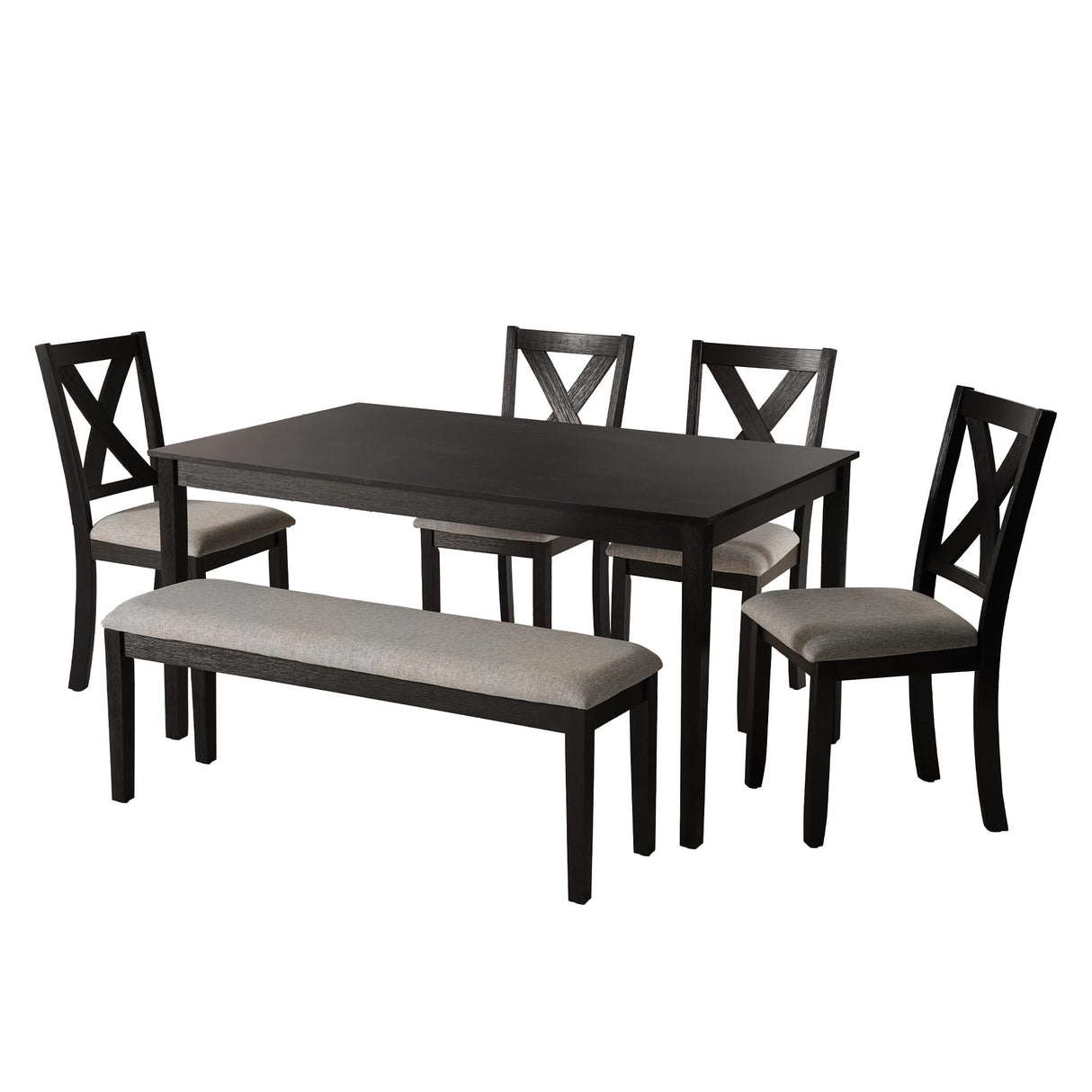 SIMTONAL Modern 6-Piece Dining Set with 4 Upholstered Chairs and Bench – Solid Wood Table Set for Kitchen or Dining Room, Black SIMTONAL