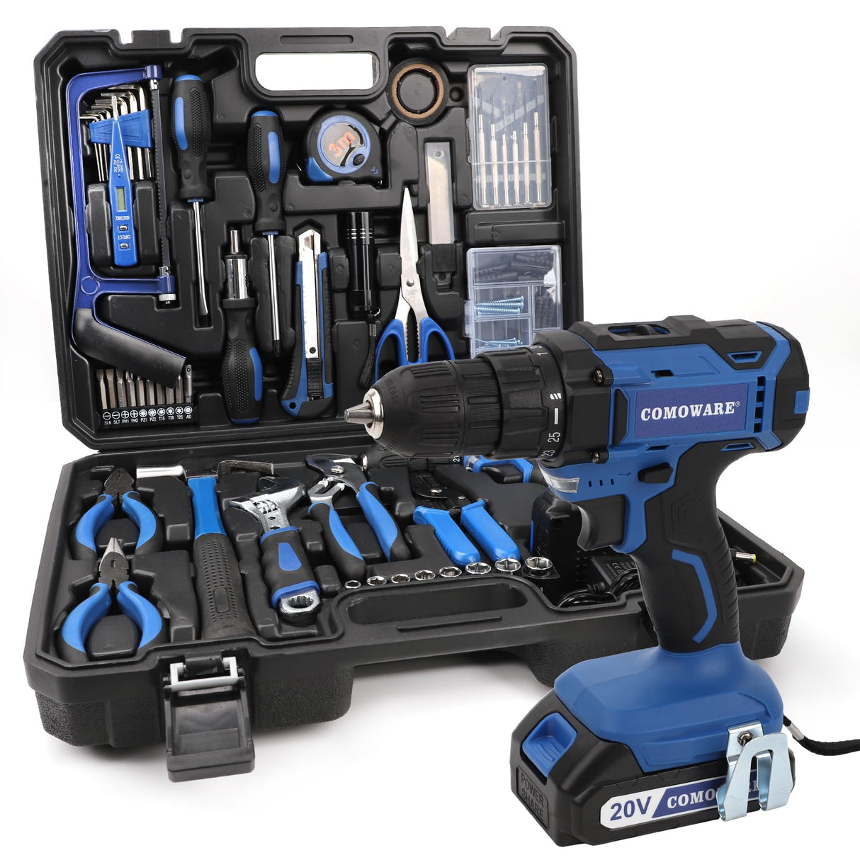 COMOWARE 120 Pcs Home Tool Kit with Drill, 20V Power Tool Combo Kits with 2.0 Ah Li-ion Battery & Charger, 25+1 Clutch, Tool Sets for Men, Household Tool Set for Garden Office Home Repair, Blue Case COMOWARE