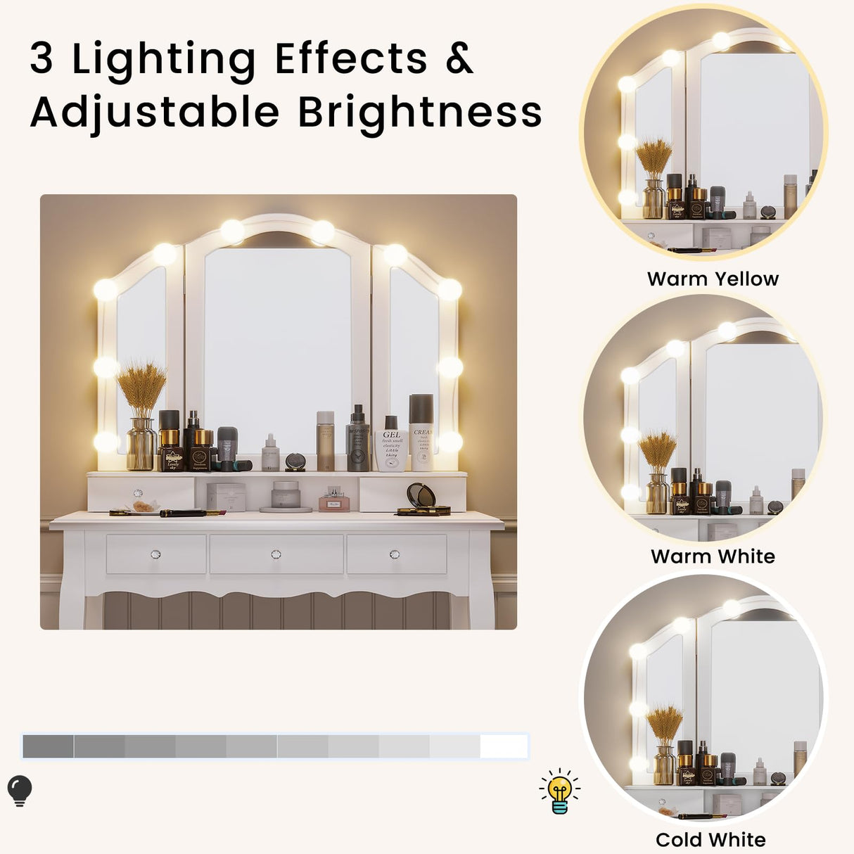 Tiptiper Makeup Vanity with Lights, Vanity Desk with Lighted Mirror and Stool, Vanity Table Set with 5 Drawers, 3 Light Settings, Adjustable Brightness, White Tiptiper