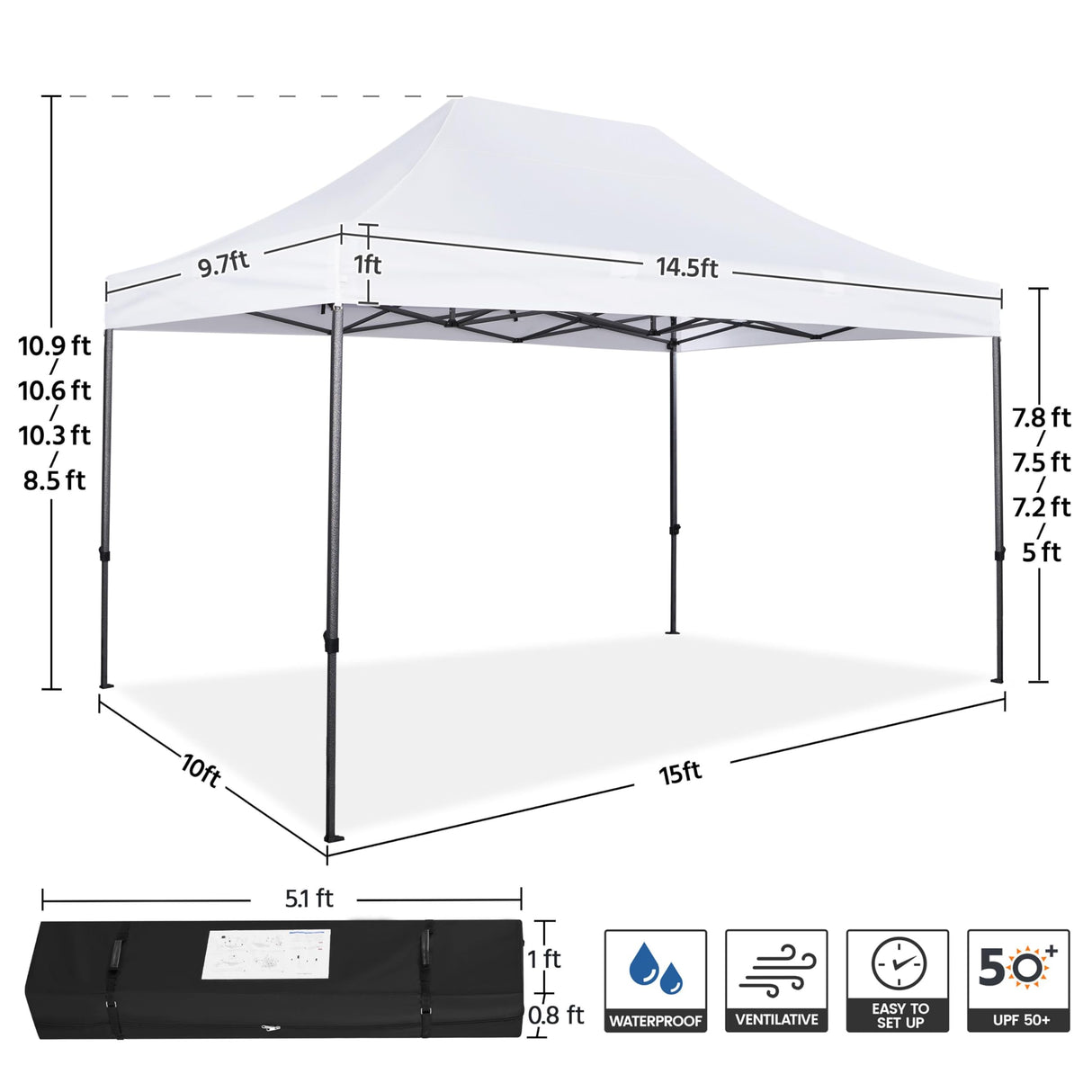 Yaheetech Heavy Duty Pop Up Canopy Tent, 10x15 Commercial Instant Shelter Tent, Outdoor Adjustable Canopy with Wheeled Bag, 4 Sandbags & 8 Stakes, White Yaheetech