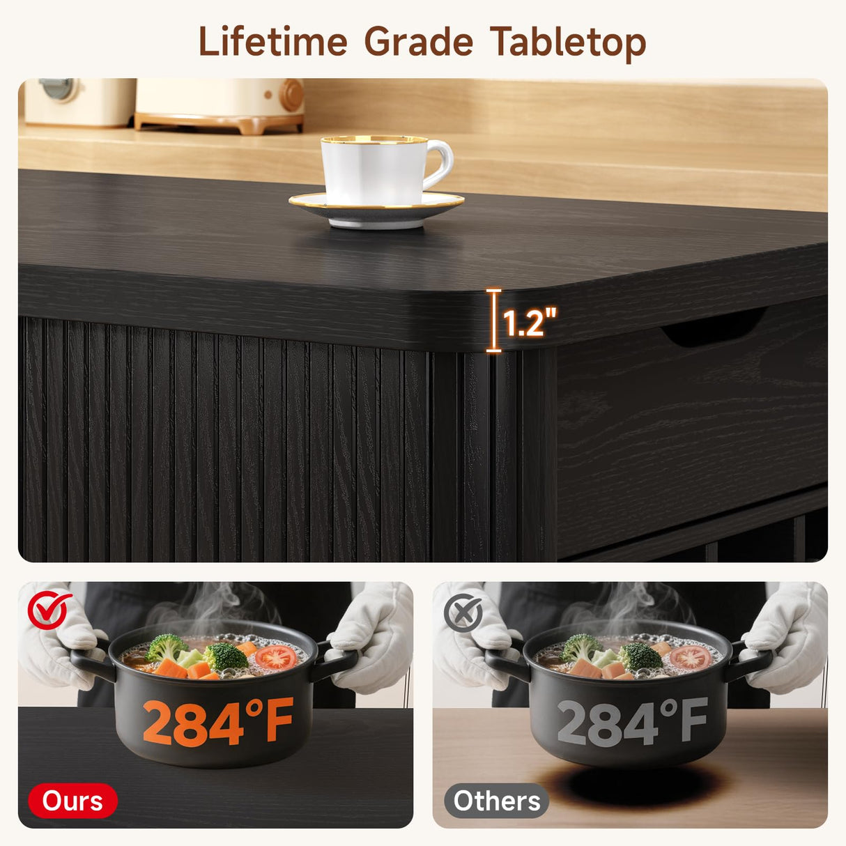 ONBRILL 59 Inch Kitchen Island with Storage, Fluted Counter Height Table, Mid-Century Modern Kitchen Island Table with Sliding Door, Home Bar Tables with Wine Rack and Drawers Black ONBRILL