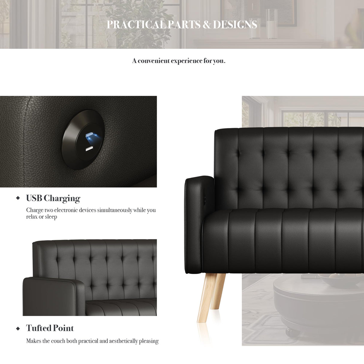 CHYMSUN 57” W Loveseat Sofa, Small Black Faux Leather Couch w/USB Charging Ports, Mid Century Modern Tufted Love Seat Couches, Mini Office Sofa Couch for Small Spaces, Bedroom, Living Room, Apartment CHYMSUN