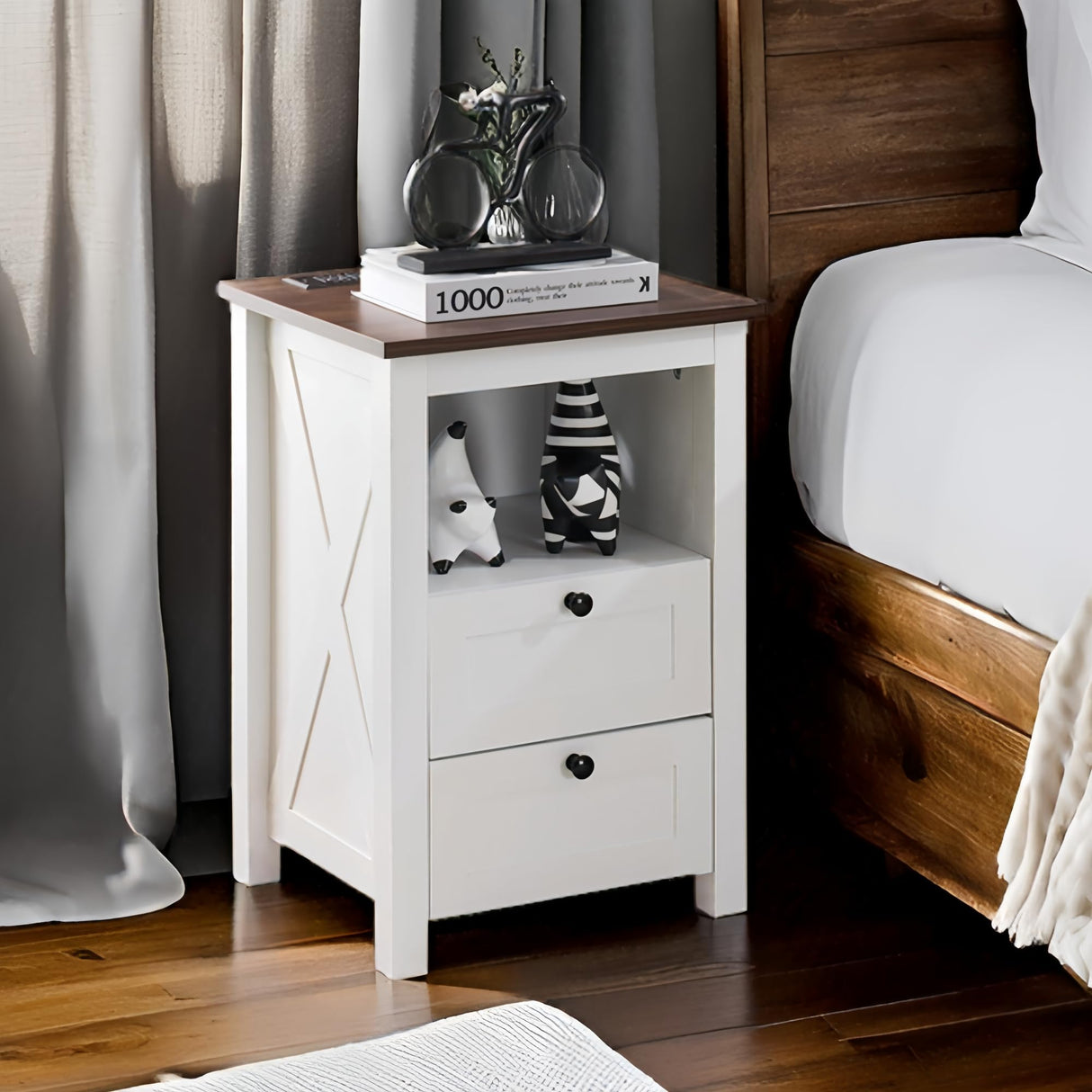 TrustKare Farmhouse Nightstand, White Nightstand with Charging Station and LED Lighting, Wood End Table with 2 Drawers, Smart Farmhouse Design Bedside Table for Bedroom Living Room TrustKare