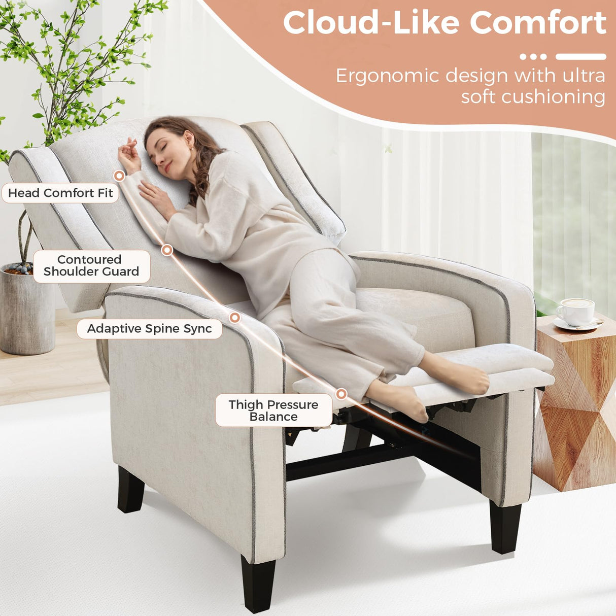 ANJ Push Back Recliner Chair, Soft Fabric Lounge Armchair,Wingback Recliner Single Sofa Chair with Steel-Reinforced Frame,Adjustable Pushback Chair for Living Room, Beige ANJ