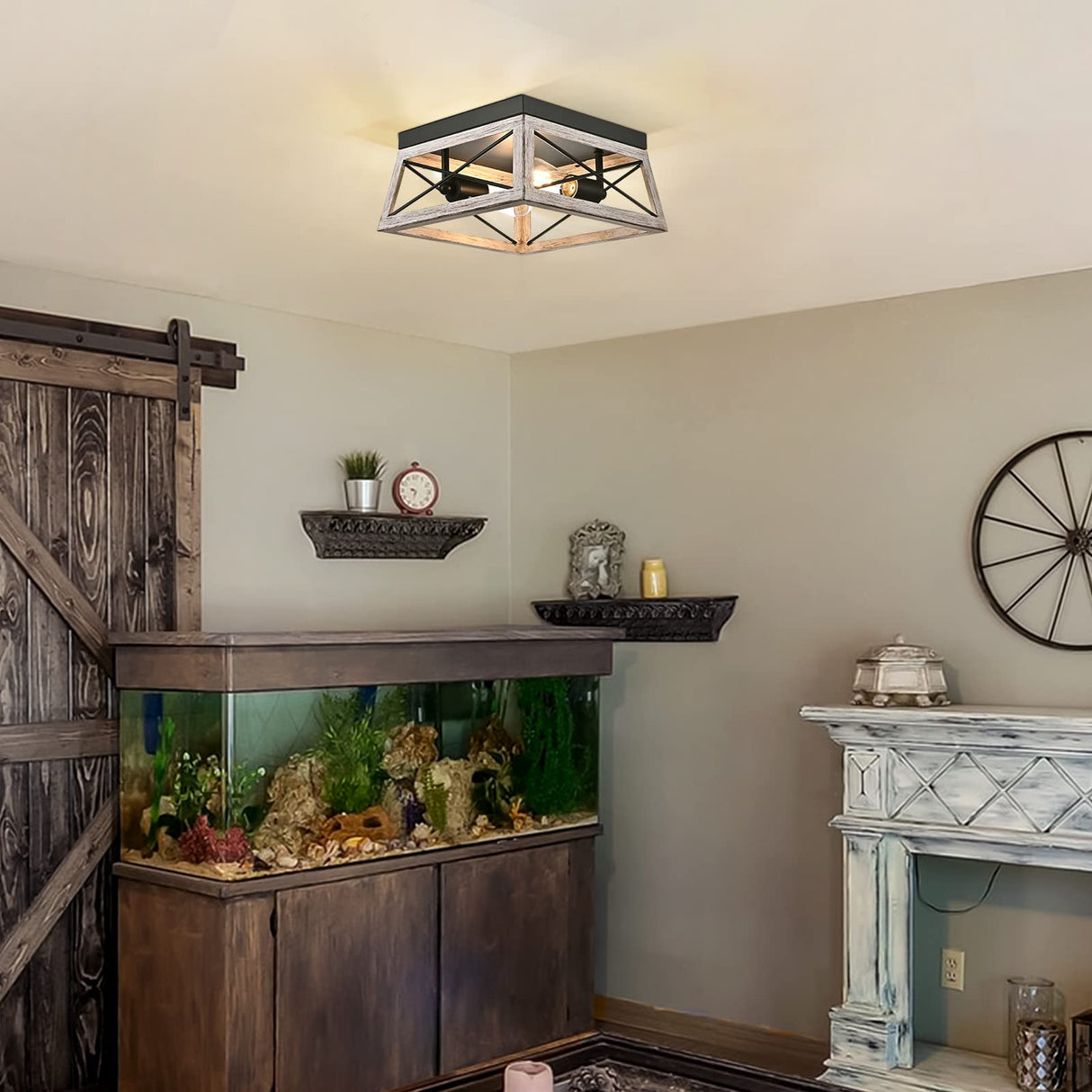 DEWENWILS Farmhouse Flush Mount Ceiling Light, Metal Ceiling Light Fixture with Wood Grain Finish, 2-Lights Hallway Light Fixture Ceiling Mount for Entryway, Foyer, Dining Room DEWENWILS