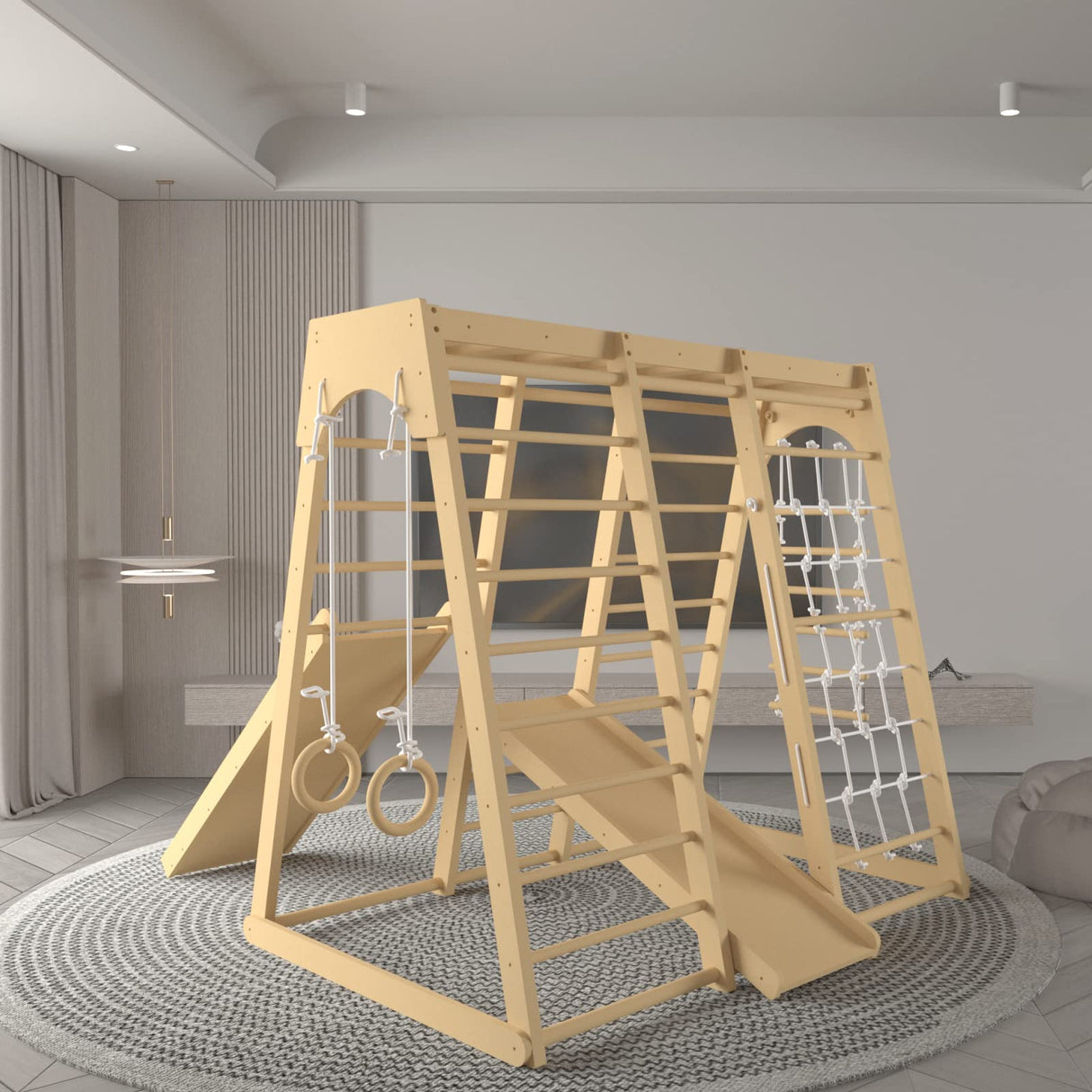 Indoor Jungle Gym, Montessori Climbing Toys, Toddler Indoor Playground Set 8-in-1 with Swing, Armband, Rock Climb Wall, Slide, Monkey Bar, Wood & Rope Ladder, Rope Wall Ladder for Kids 1-8yrs LunaQuest