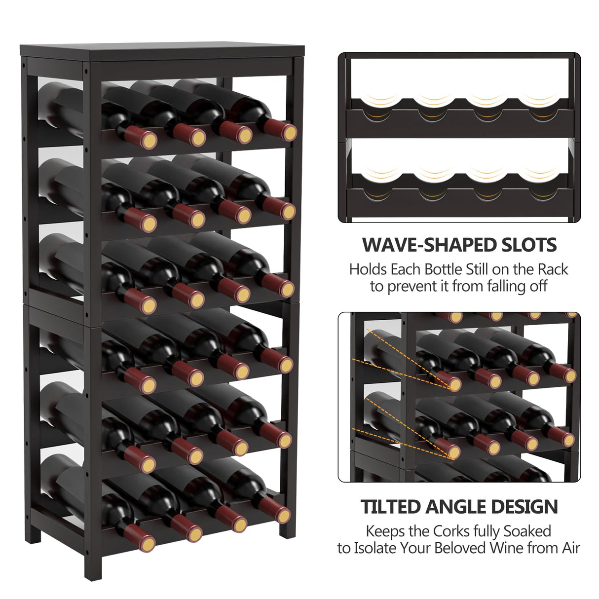 WRONWA 24 Botttle Wine Rack Freestanding Floor, 6 Tier Wine Rack Shelf with Table Top, Bamboo Wine Rack, Wine Storage Shelves Kitchen Bar Dining Room Living Room - Dark Brown WRONWA