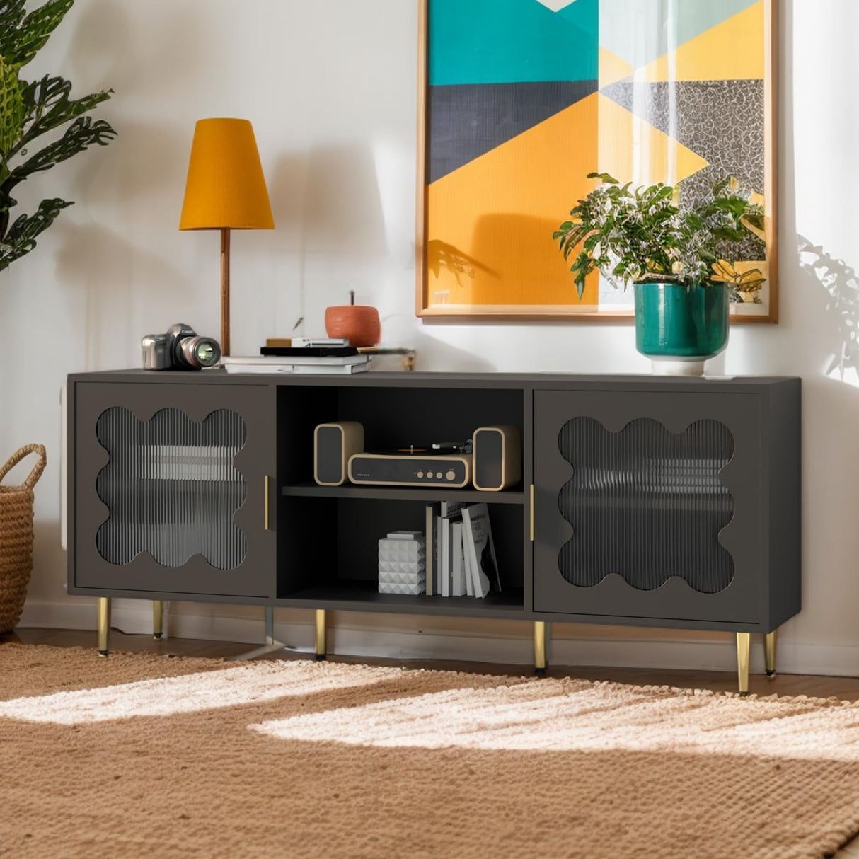 Runglecho Mid-Century Modern TV Stand and Cabinet for 65, 70 and 75 Inch Televisions, Black Glass Entertainment Center with Storage, Stylish Console Table for Living Room and Bedroom (Black) Runglecho