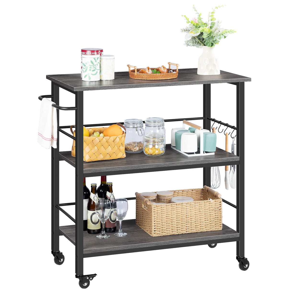 HOOBRO Kitchen Island with Storage,Industrial Kitchen Island on Wheels and Side Enclosures, 3 Tier Kitchen Cart with Large Workstation, Stable, Easy Assembly, Charcoal Gray and Black BC03ZD01 HOOBRO