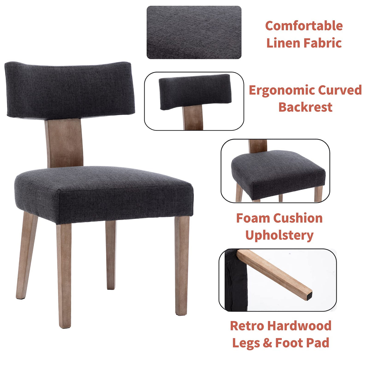 HNY Mid Century Modern Dining Chairs Set of 6, Farmhouse Linen Upholstered Accent Chairs Curved Backrest Kitchen Chairs, with Hardwood Frame, Charcoal HNY