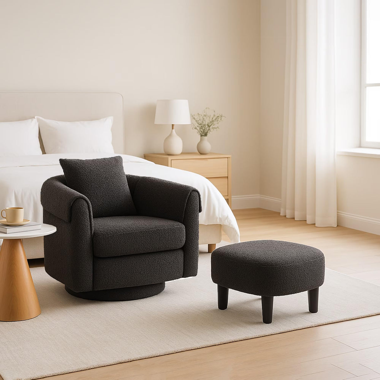 FLEXISPOT Swivel Accent Chair with Ottoman – Modern Chenille Barrel Armchair with Removable Back Pillow & Armrest Covers for Living Room, Bedroom, or Office, Black FLEXISPOT